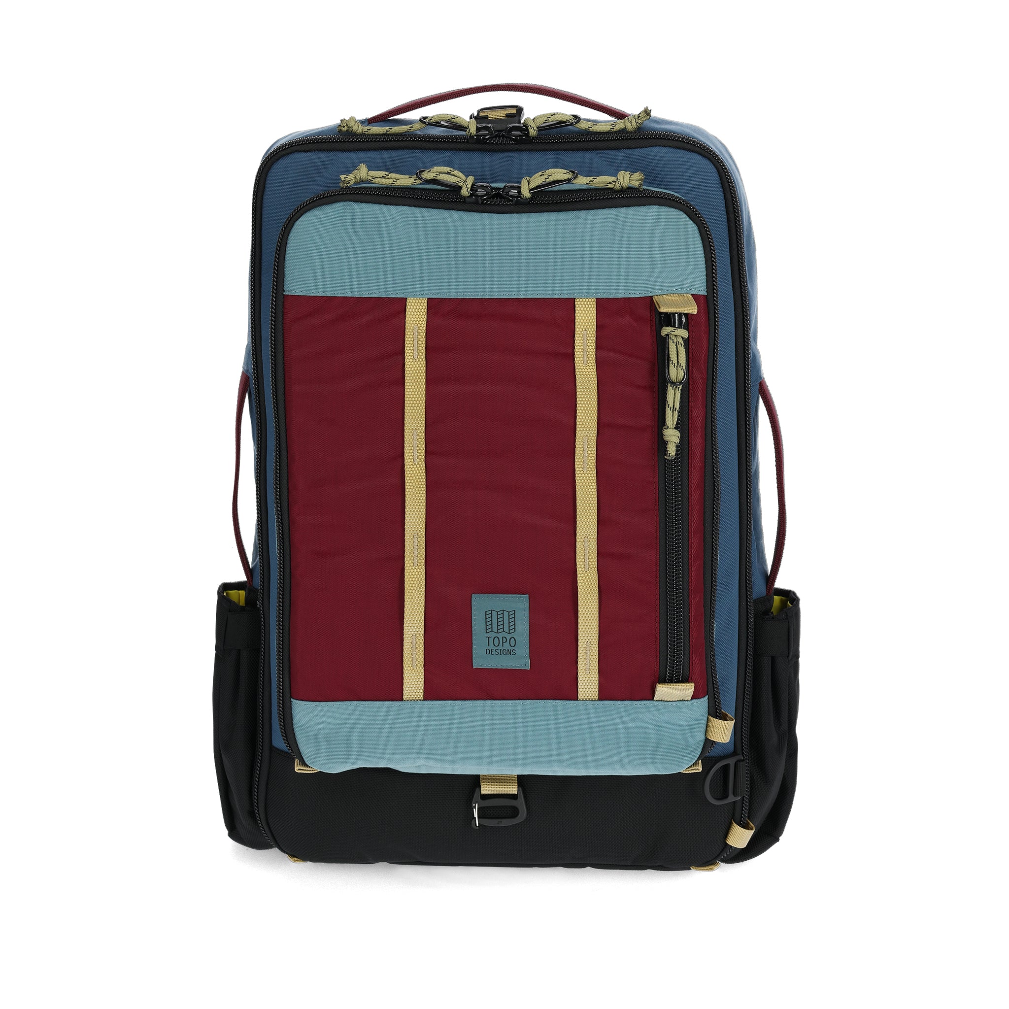 Vorderansicht der Topo Designs Global Travel Bag 30L in "Dark Denim / Burgundy"