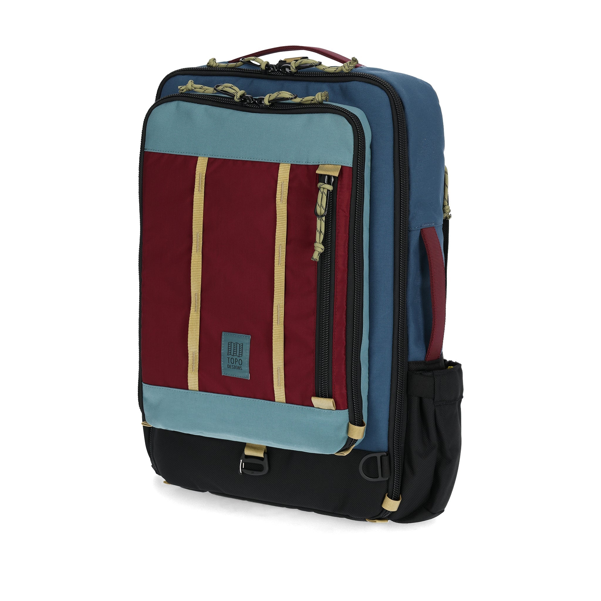 Vorderansicht der Topo Designs Global Travel Bag 30L in "Dark Denim / Burgundy"