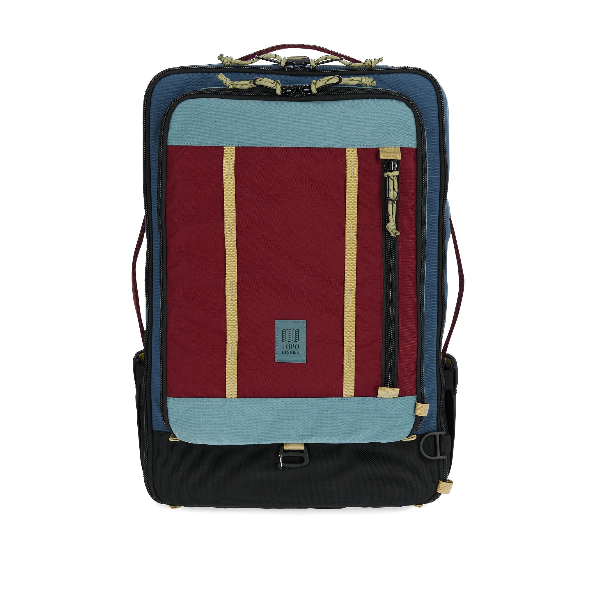 Vorderansicht der Topo Designs Global Travel Bag 40L in "Dark Denim / Burgundy"