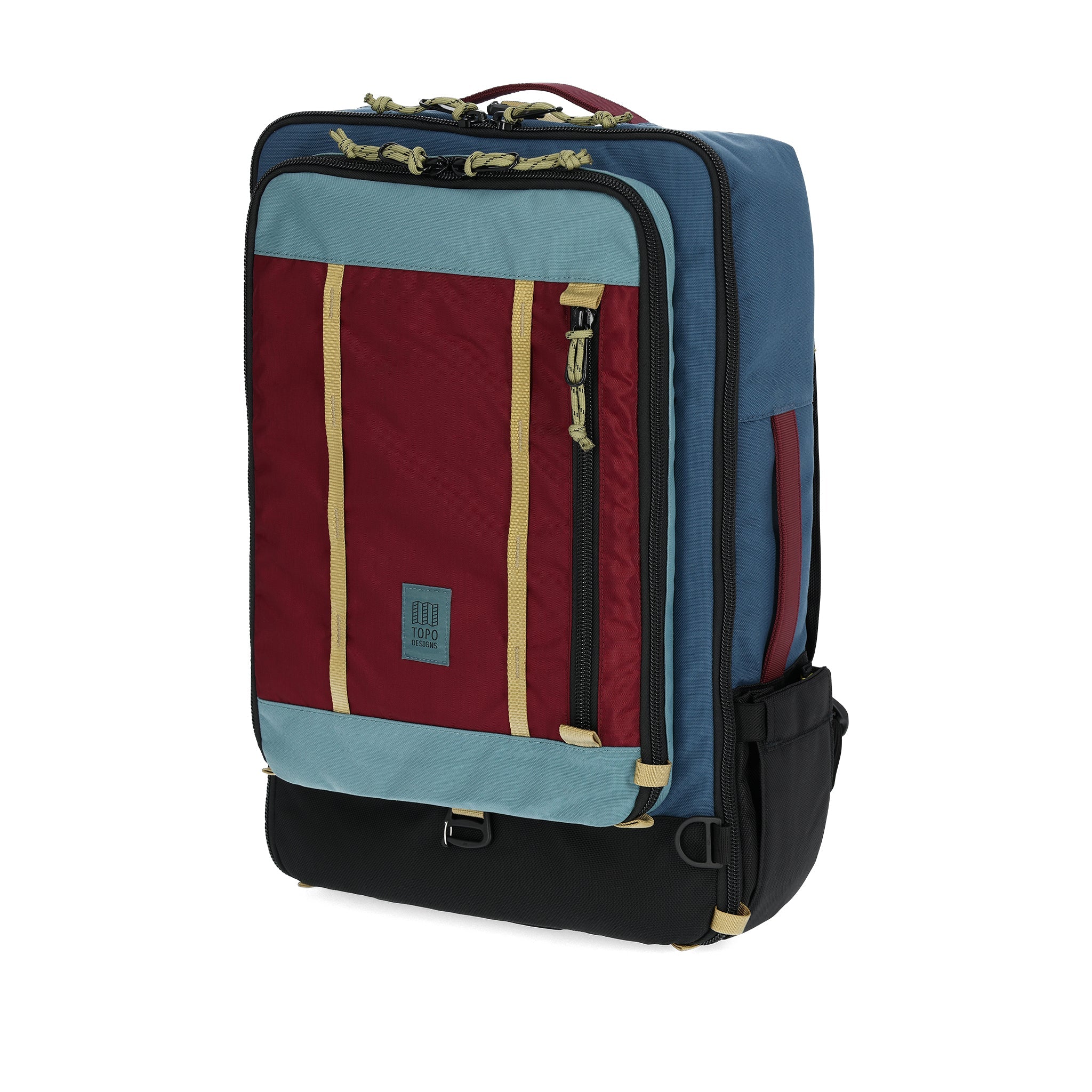 Vorderansicht der Topo Designs Global Travel Bag 40L in "Dark Denim / Burgundy"