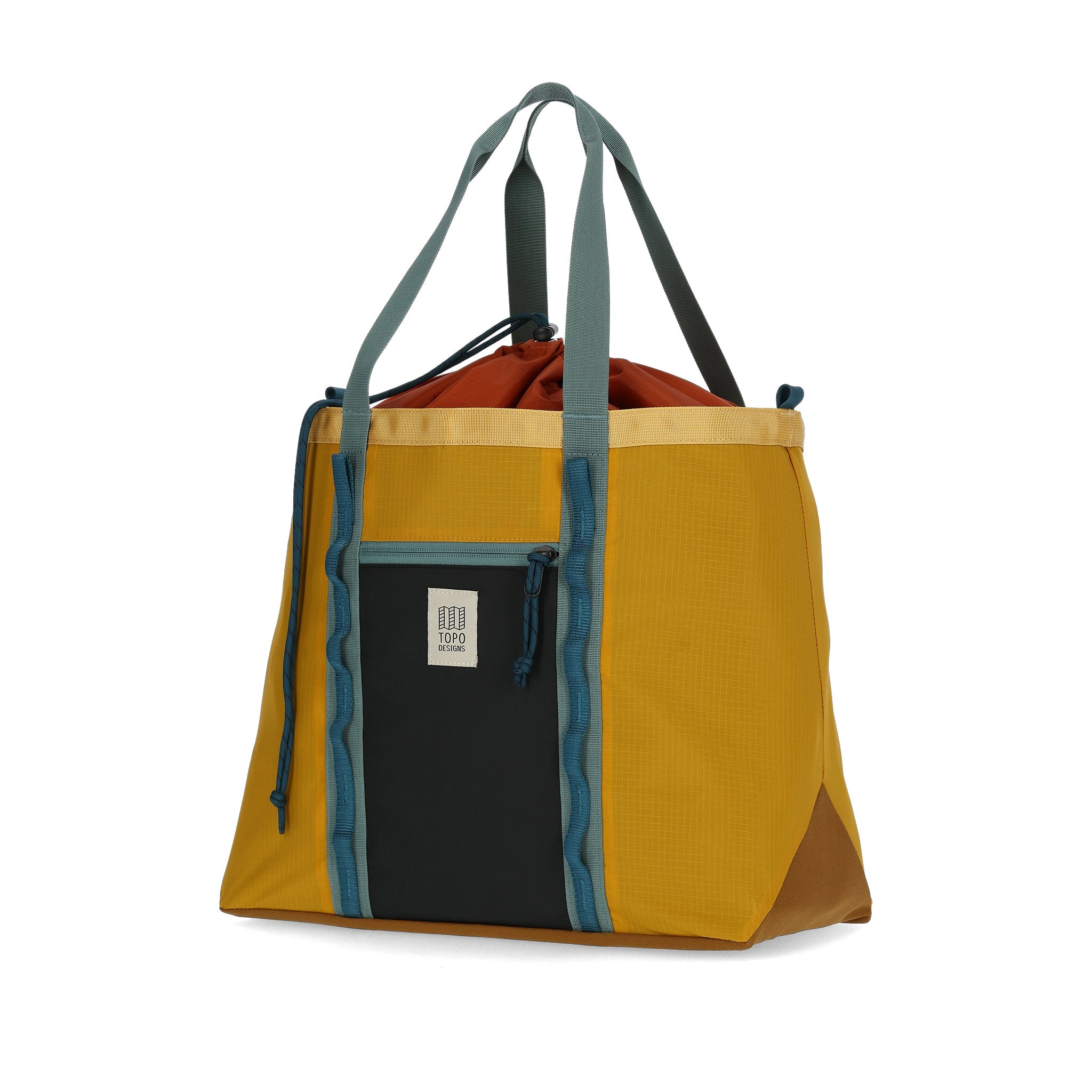 Vorderansicht der Topo Designs Mountain Utility Tote in "Senf / Schwarz"