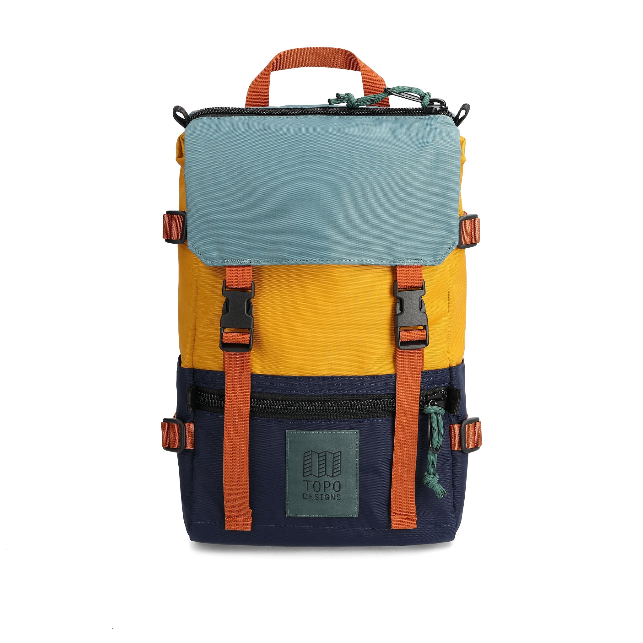 Vorderansicht des Topo Designs Rover Pack Mini in "Navy / Senf"