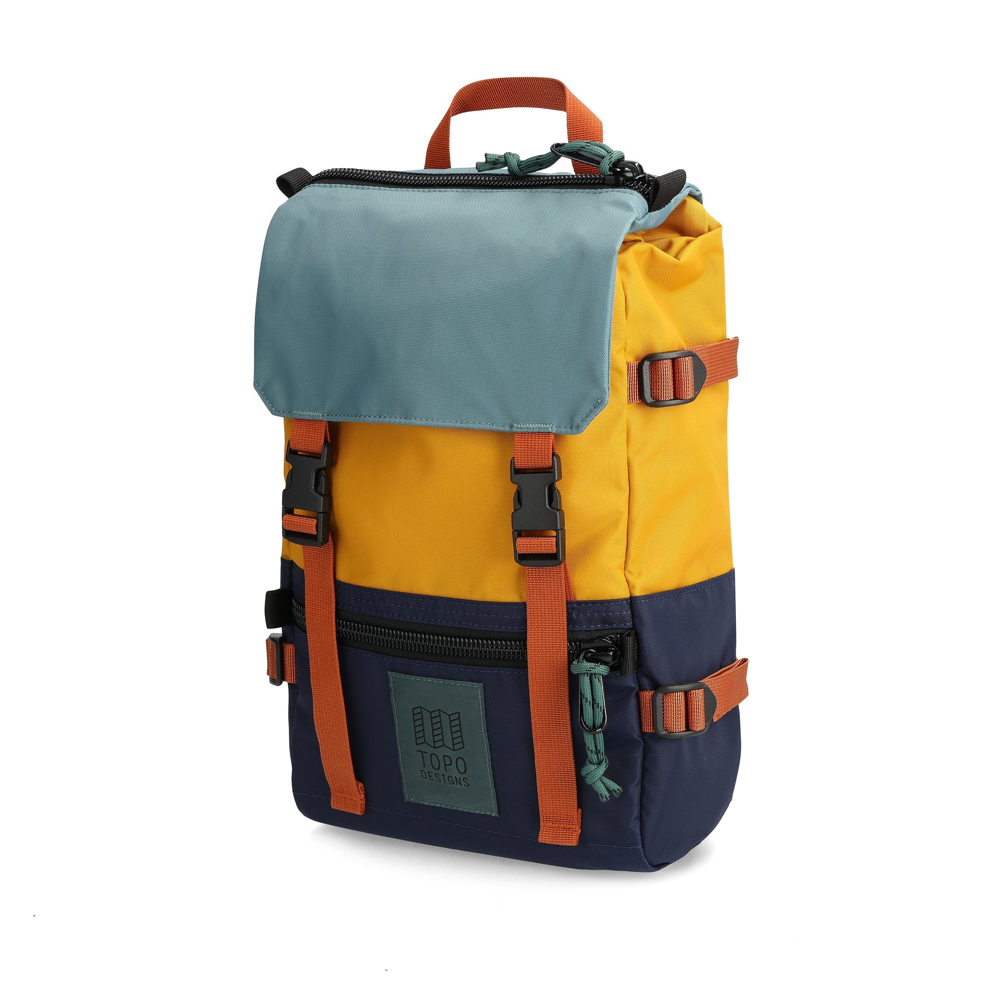 Vorderansicht des Topo Designs Rover Pack Mini in "Navy / Senf"