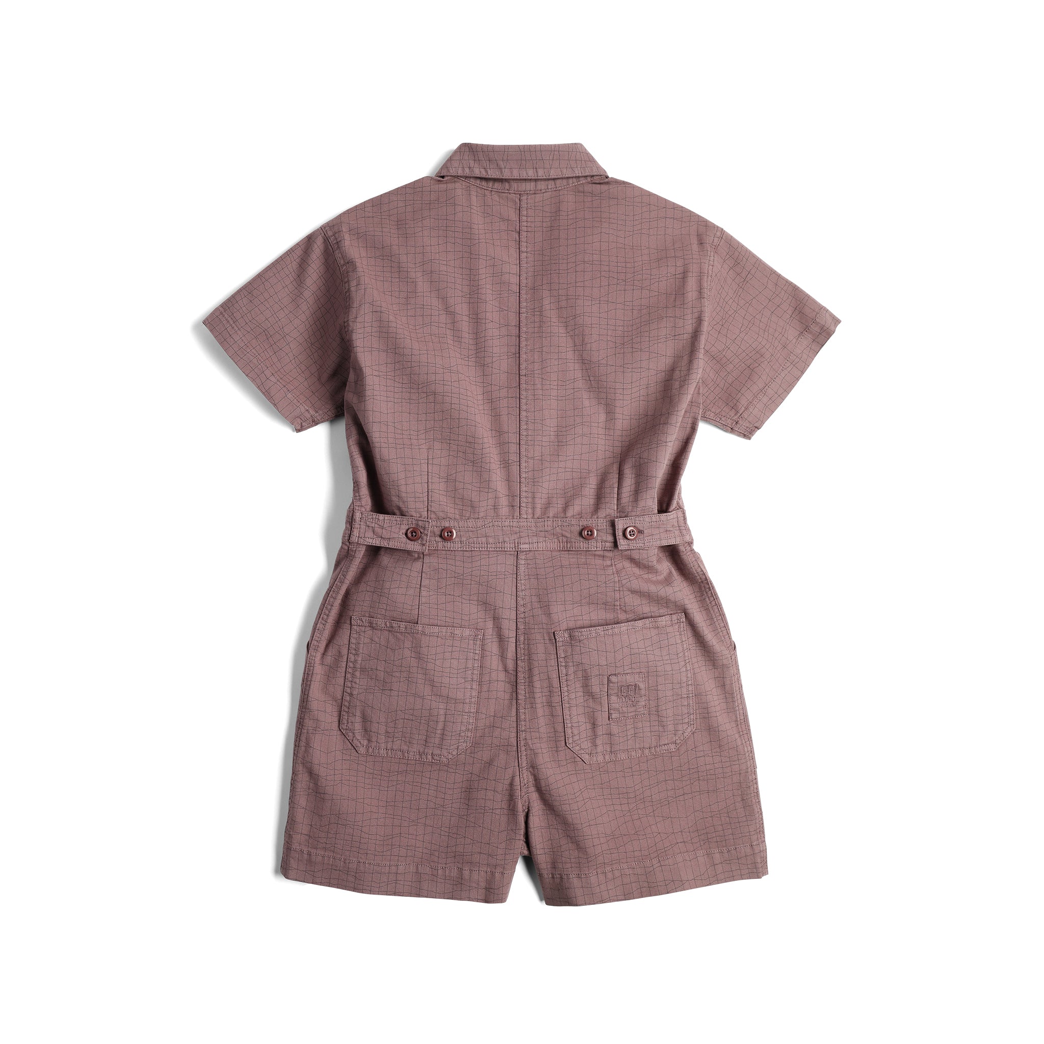 Rückenansicht des Topo Designs Dirt Romper - Damen in "Peppercorn Terrain"