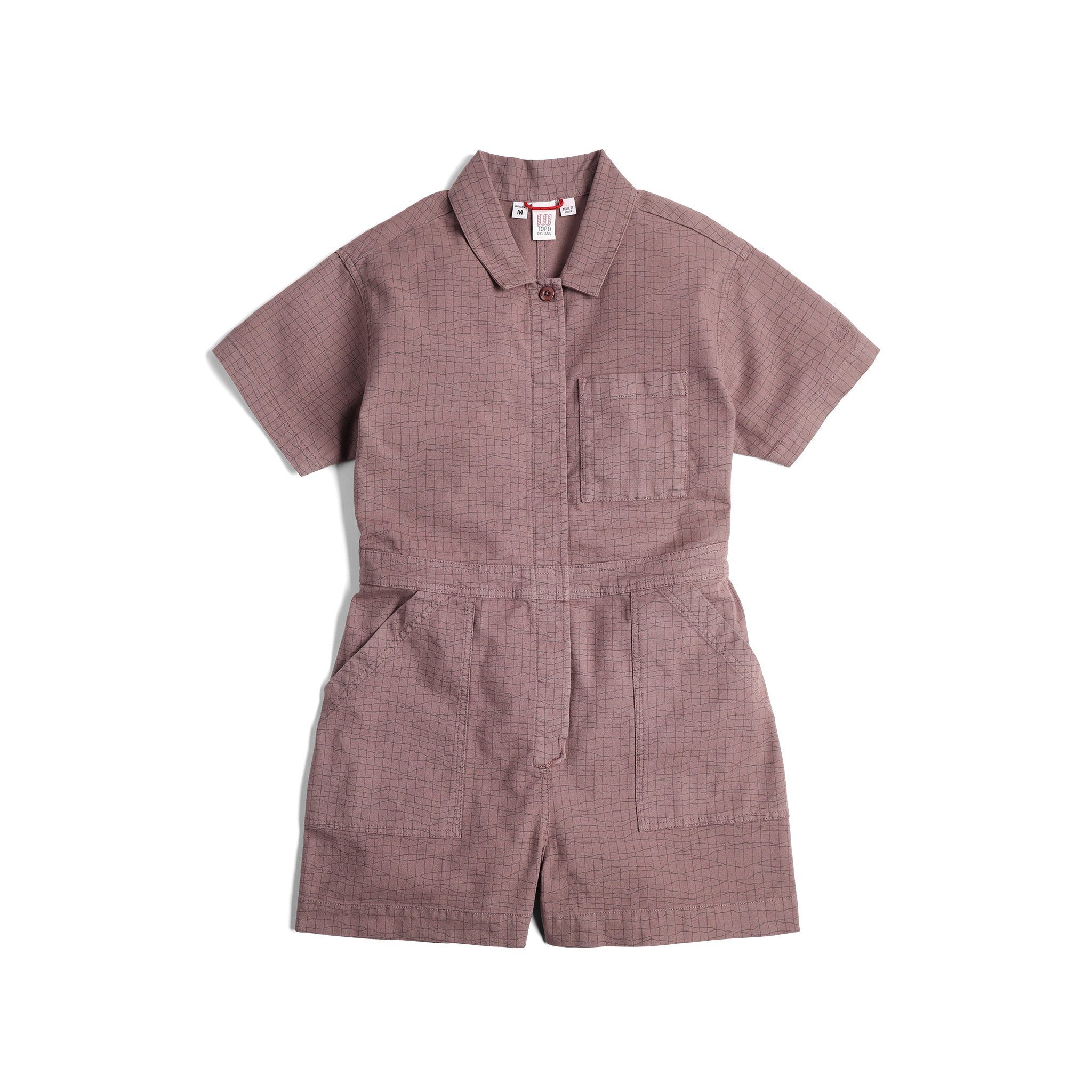 Vorderansicht des Topo Designs Dirt Romper - Damen in "Peppercorn Terrain"