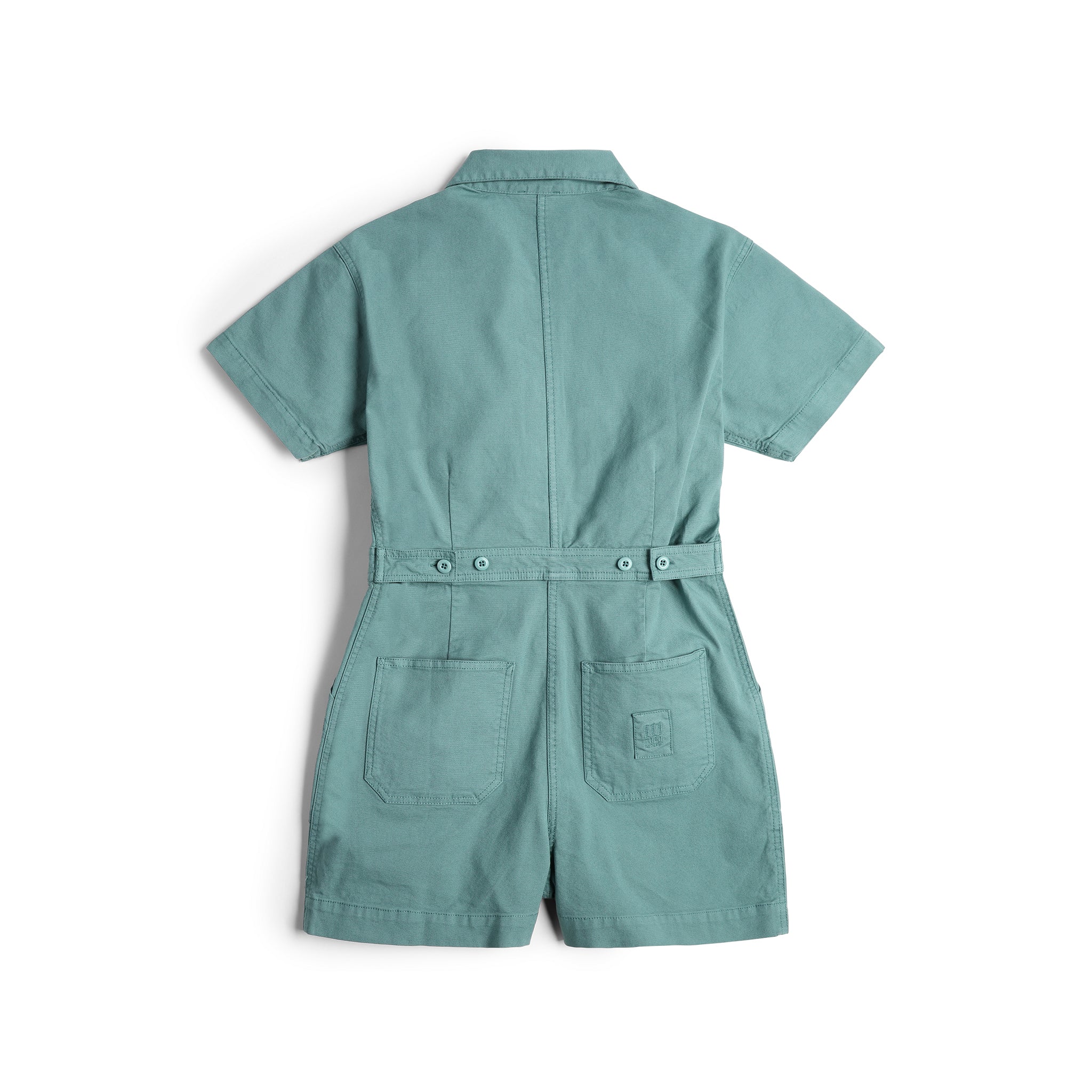 Rückenansicht des Topo Designs Dirt Romper - Damen in "Sea Pine"