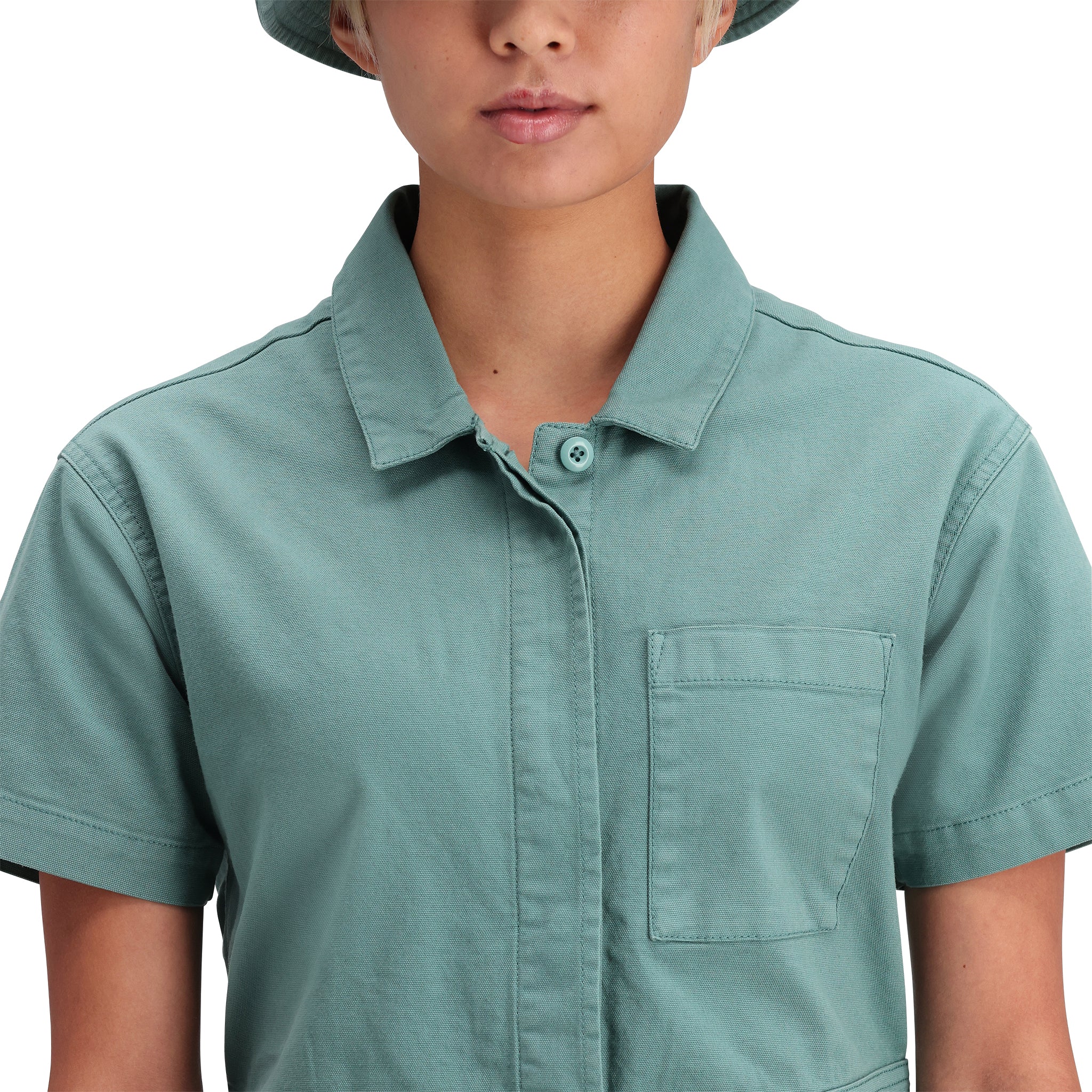 Detailaufnahme des Topo Designs Dirt Romper - Damen in "Sea Pine"