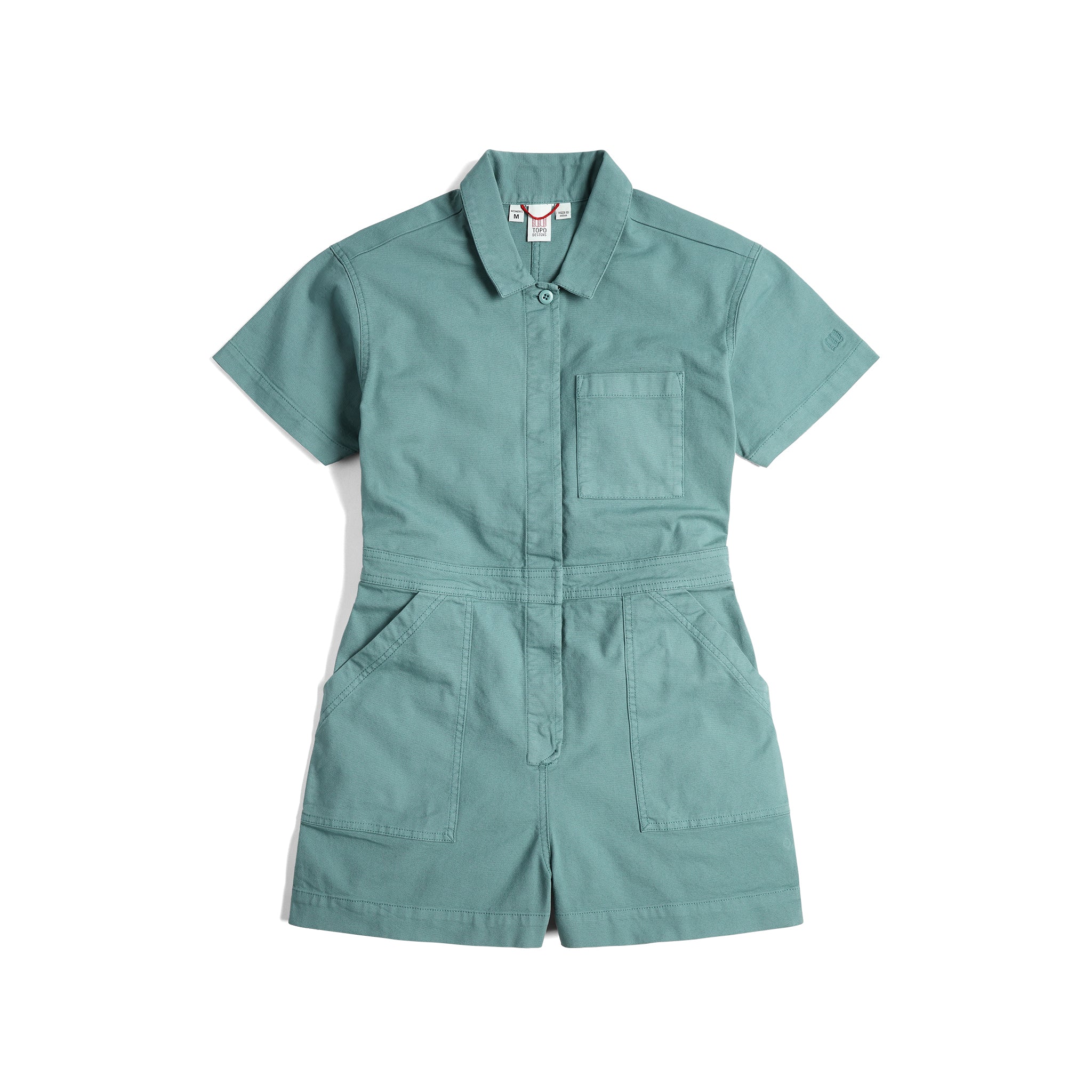 Vorderansicht des Topo Designs Dirt Romper - Damen in "Sea Pine"