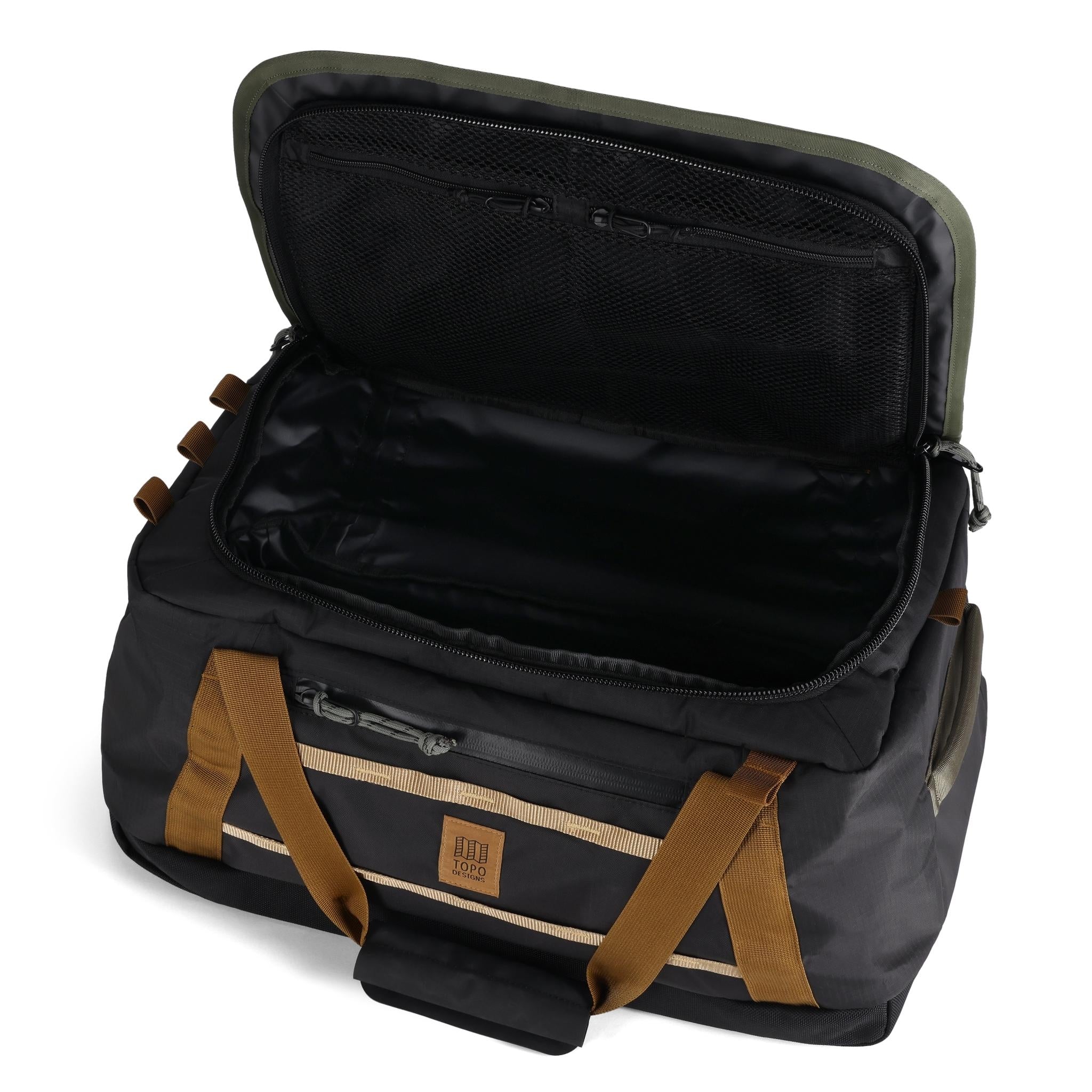 Allgemeine Detailaufnahme des Topo Designs Mountain Duffel 40L in "Schwarz / Neutral"