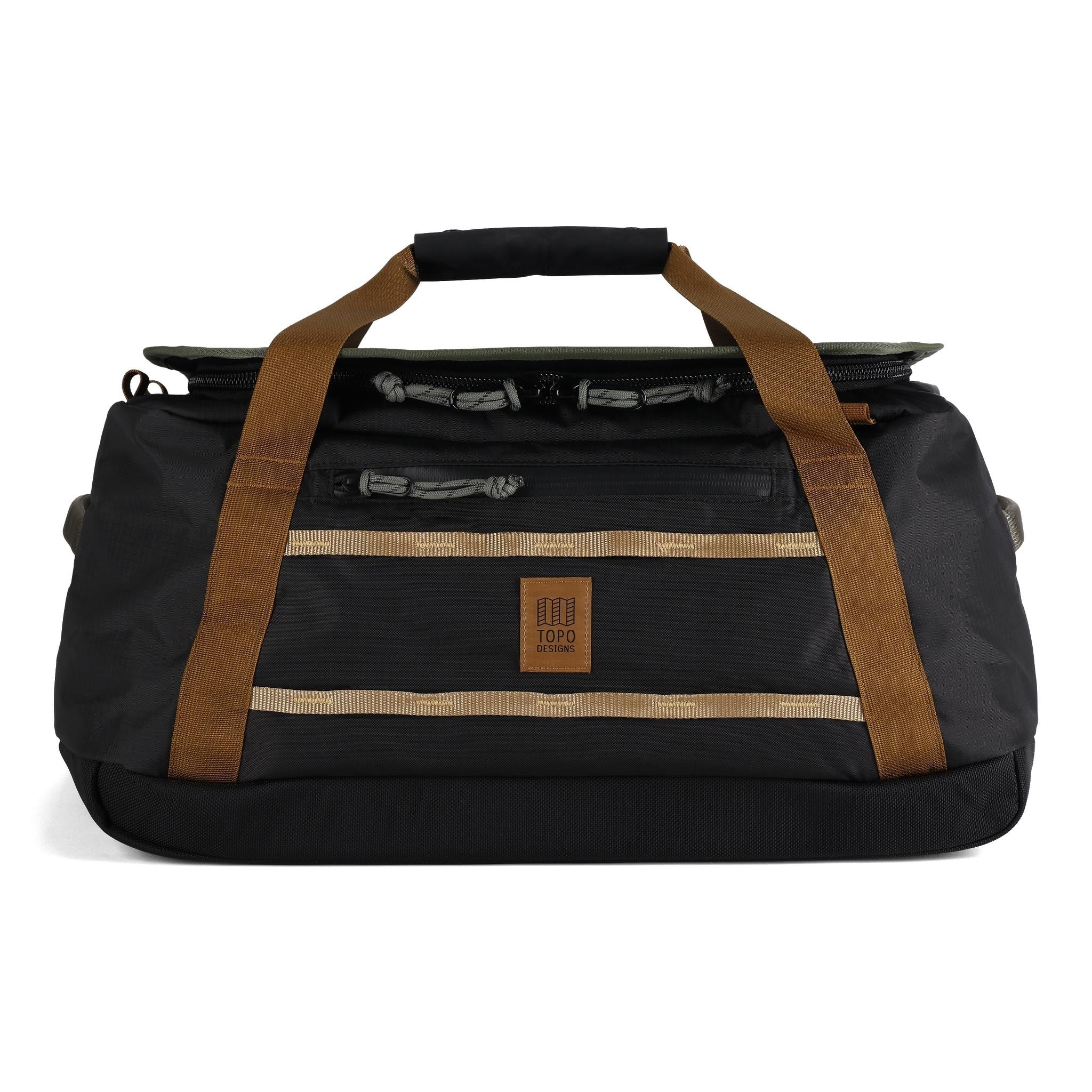 Vorderansicht des Topo Designs Mountain Duffel 40L in "Schwarz / Neutral"