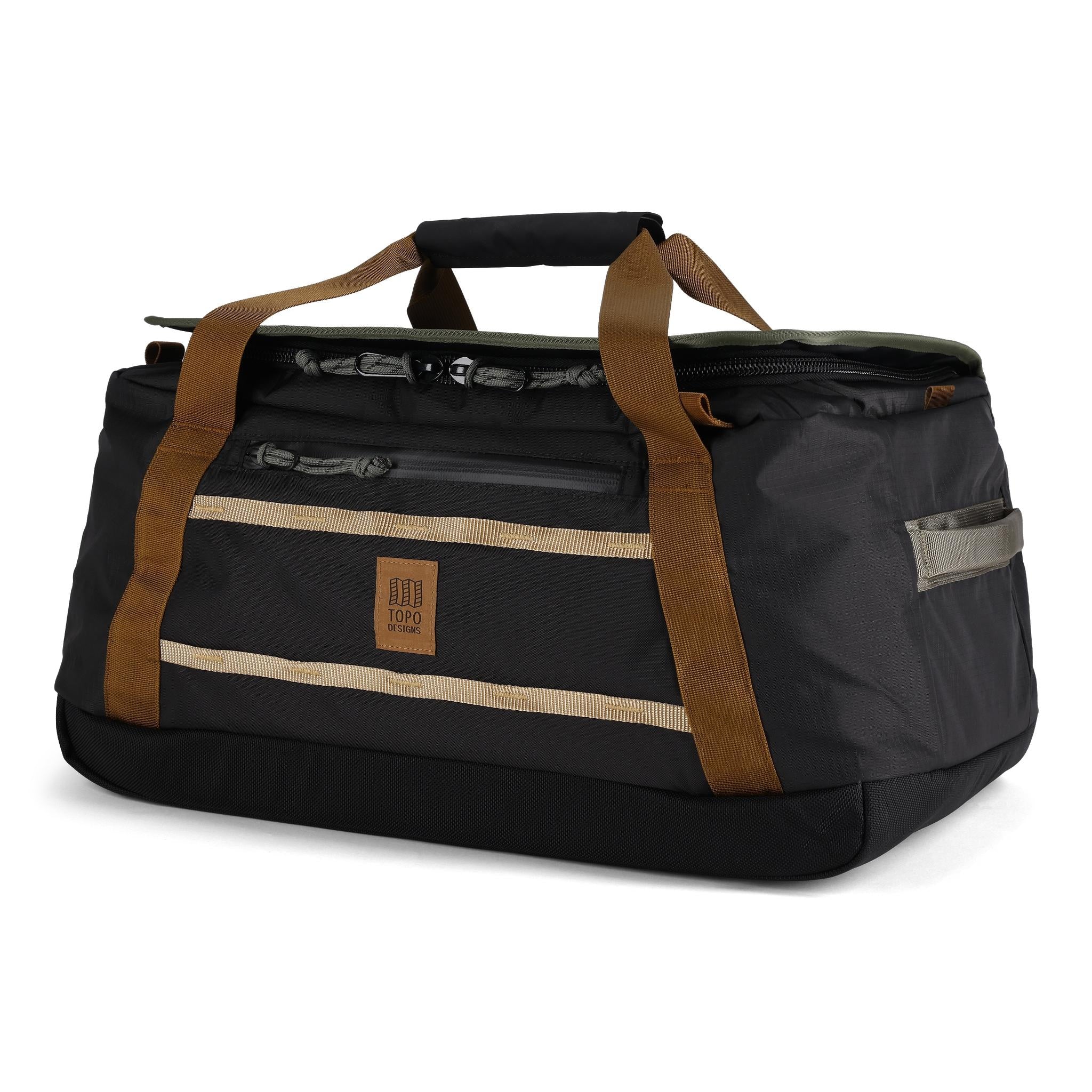 Vorderansicht des Topo Designs Mountain Duffel 40L in "Schwarz / Neutral"