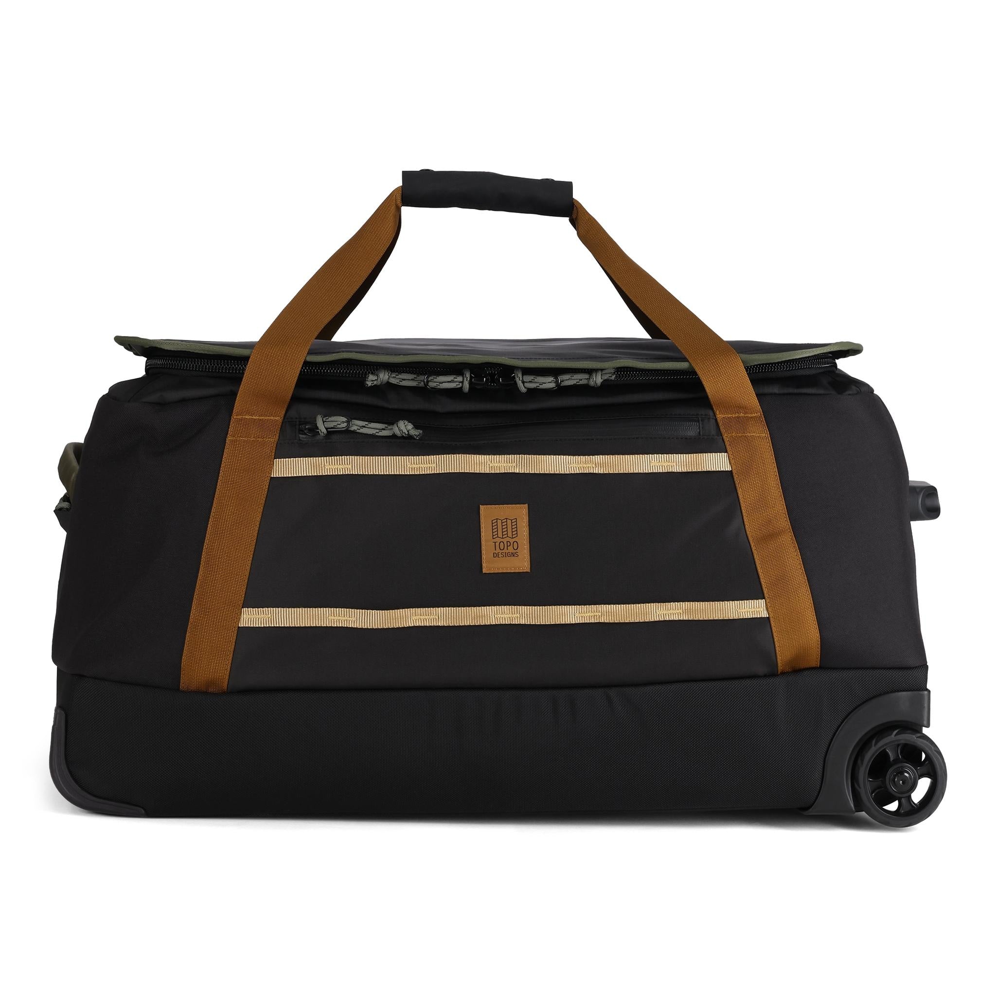 Vorderansicht des Topo Designs Mountain Duffel Roller 90L in "Schwarz / Neutral"