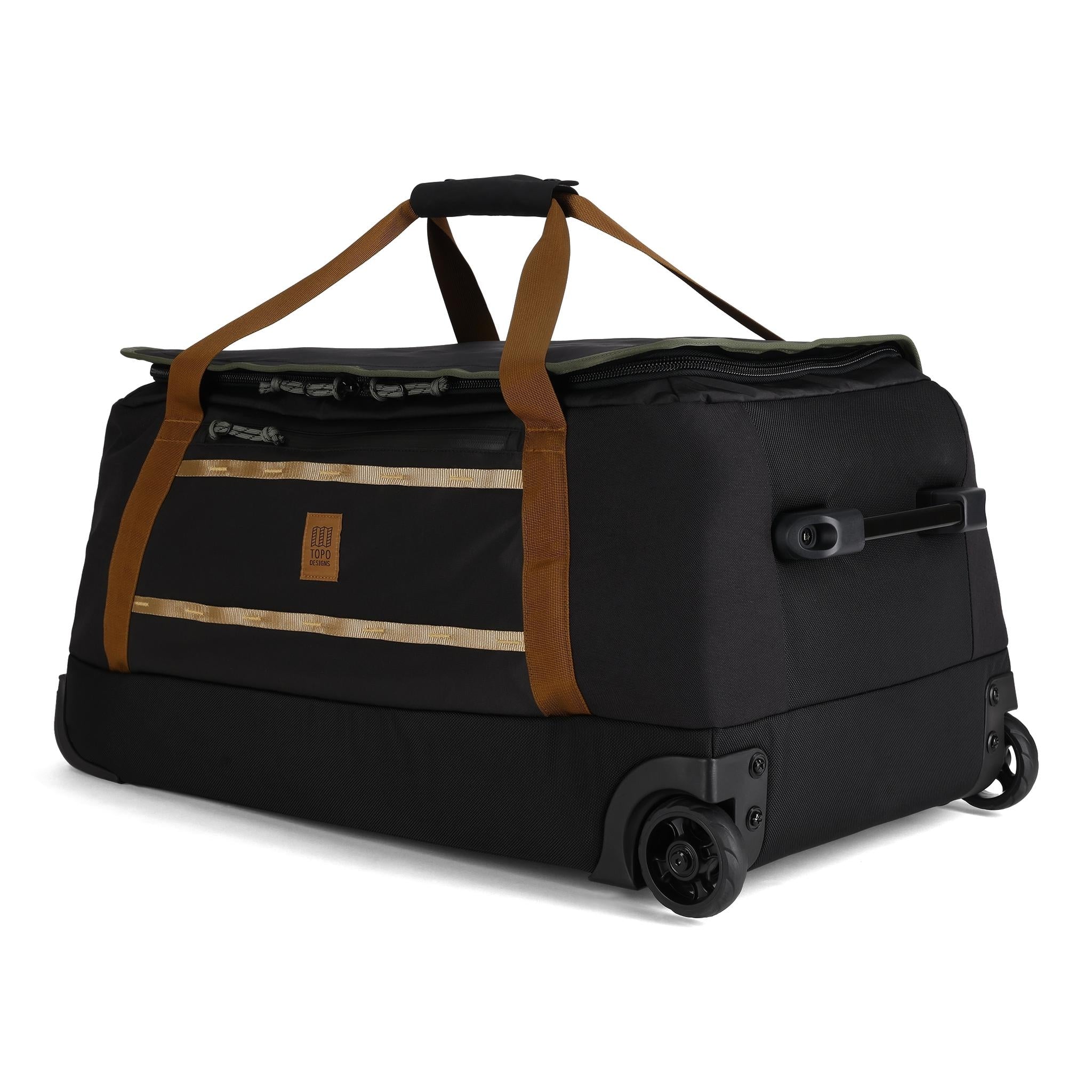 Vorderansicht des Topo Designs Mountain Duffel Roller 90L in "Schwarz / Neutral"