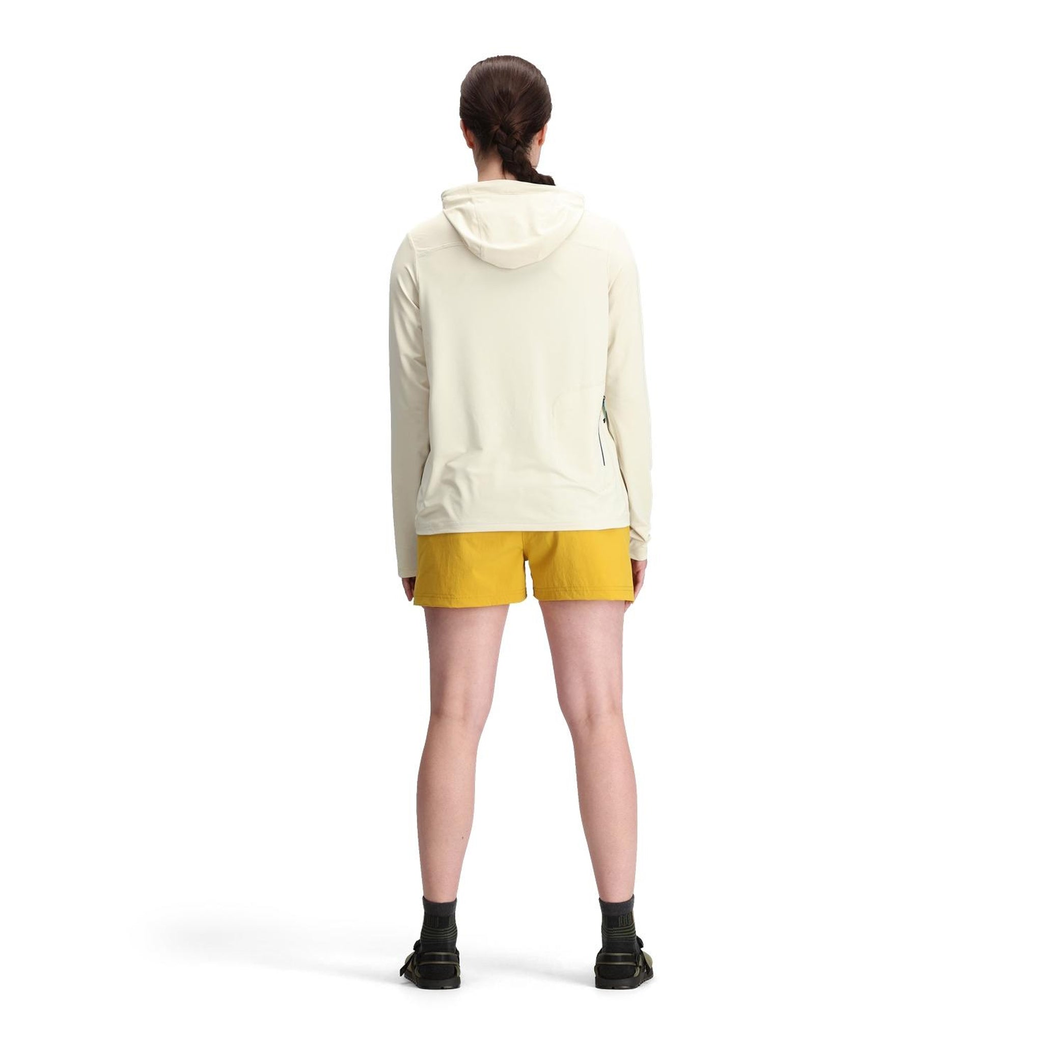 Allgemeine Rückenmodellaufnahme der Topo Designs Mesa Shorts - Damen in "Honey / Elmwood"