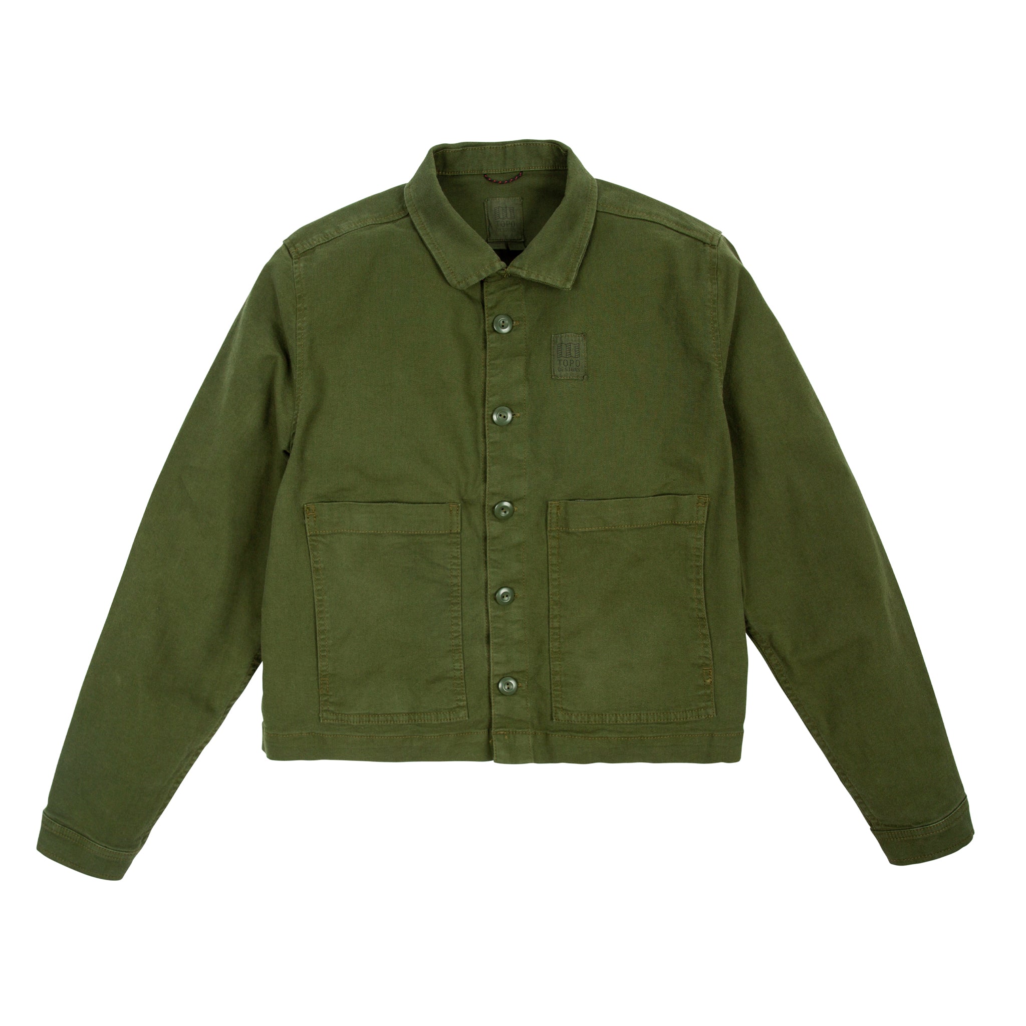 Vordere Produktaufnahme der Topo Designs Damen Dirt Jacket in "Olive" grün.