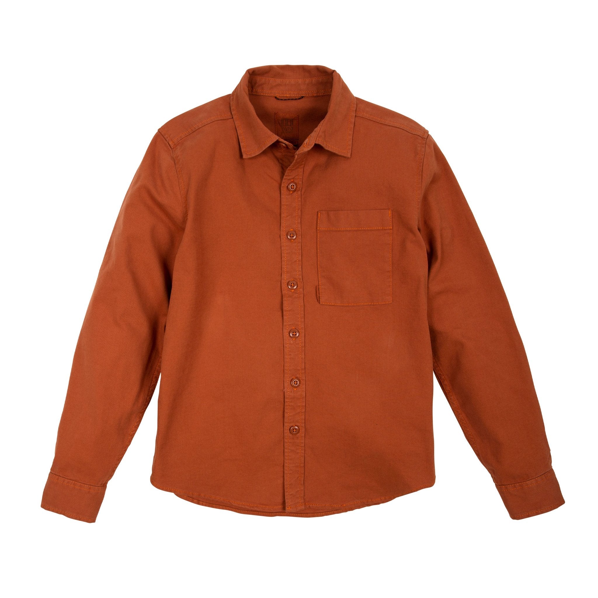 Produktfoto der Vorderseite des Topo Designs Damen Dirt Shirt in "Brick" orange.