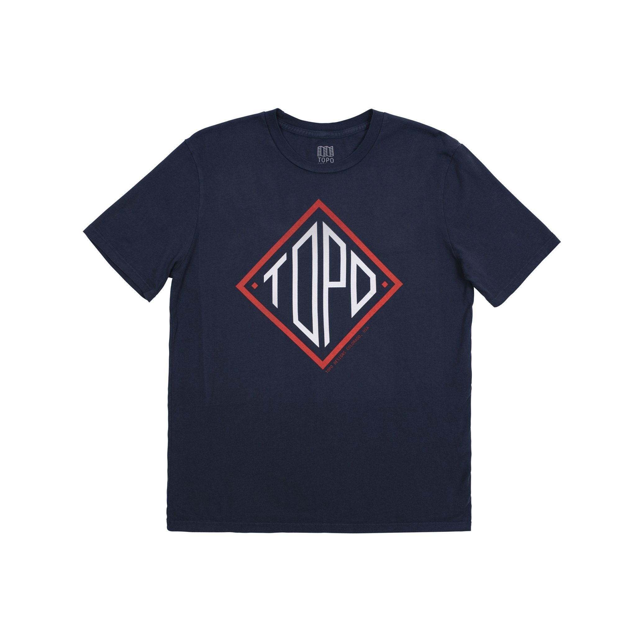 Topo Designs Herren Diamond Tee 100% Bio-Baumwolle Kurzarm-Logo-T-Shirt in "navy" blau.