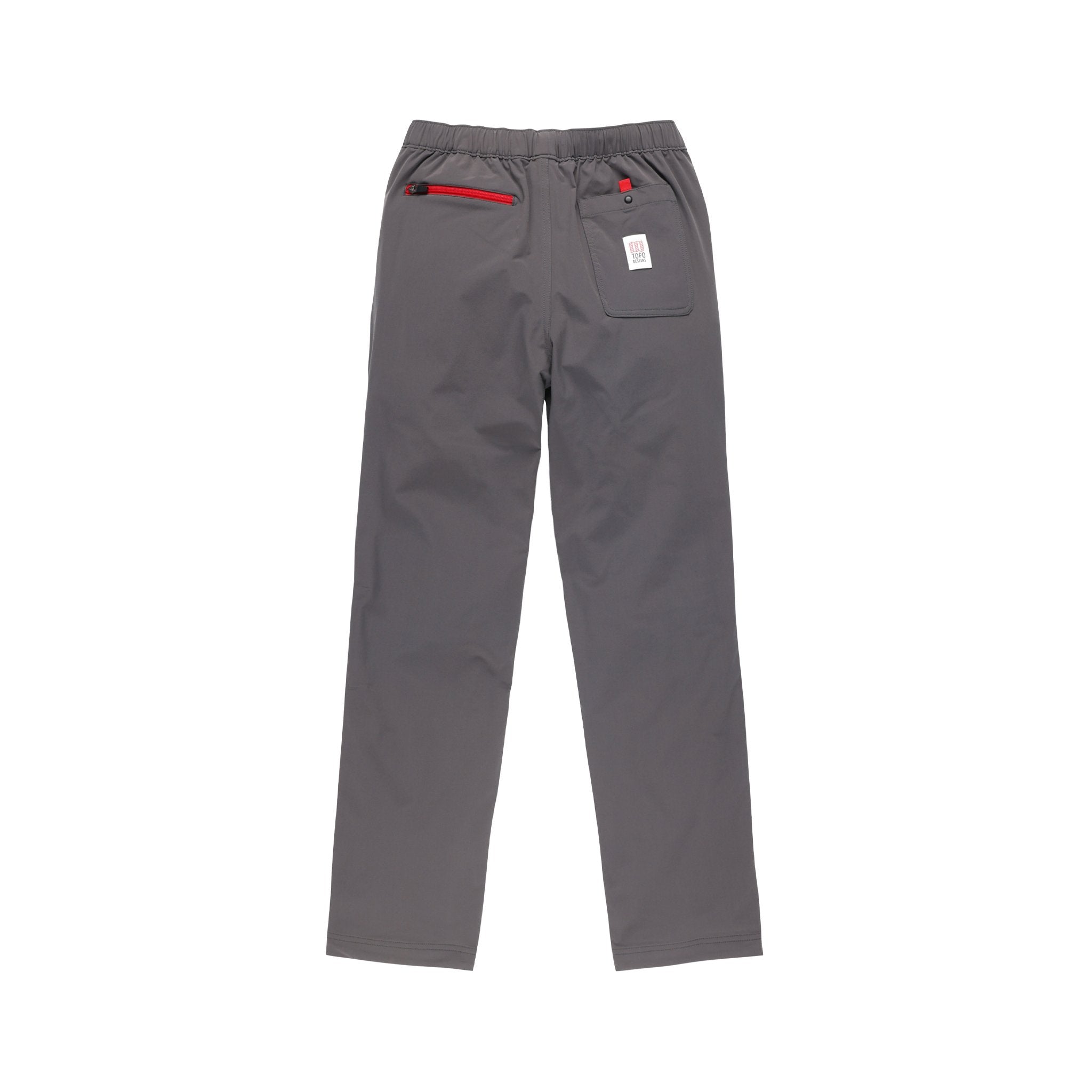 Rückseite der Topo Designs Herren Boulder leichte Kletter- und Hose in "Charcoal" grau mit Reißverschluss und Druckknopftaschen.