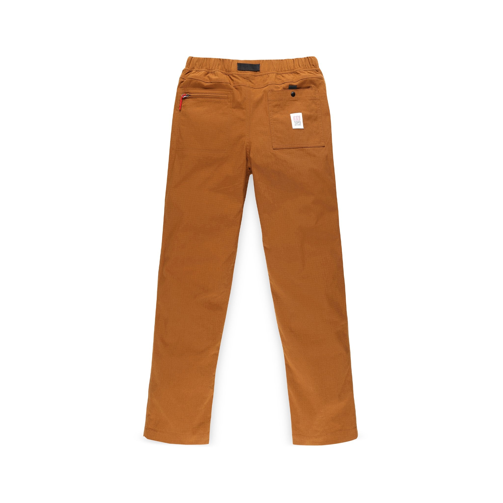 Allgemeine Aufnahme der Rückseite der Topo Designs Herren Mountain leichtes Wandern Hose Ripstop in Earth braun.