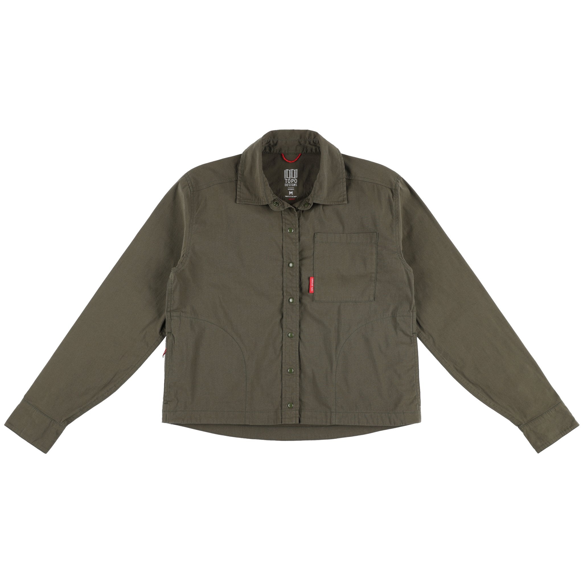 Topo Designs Damen Global langärmeliges leichtes Snap Travel Shirt in "Olive" grün.