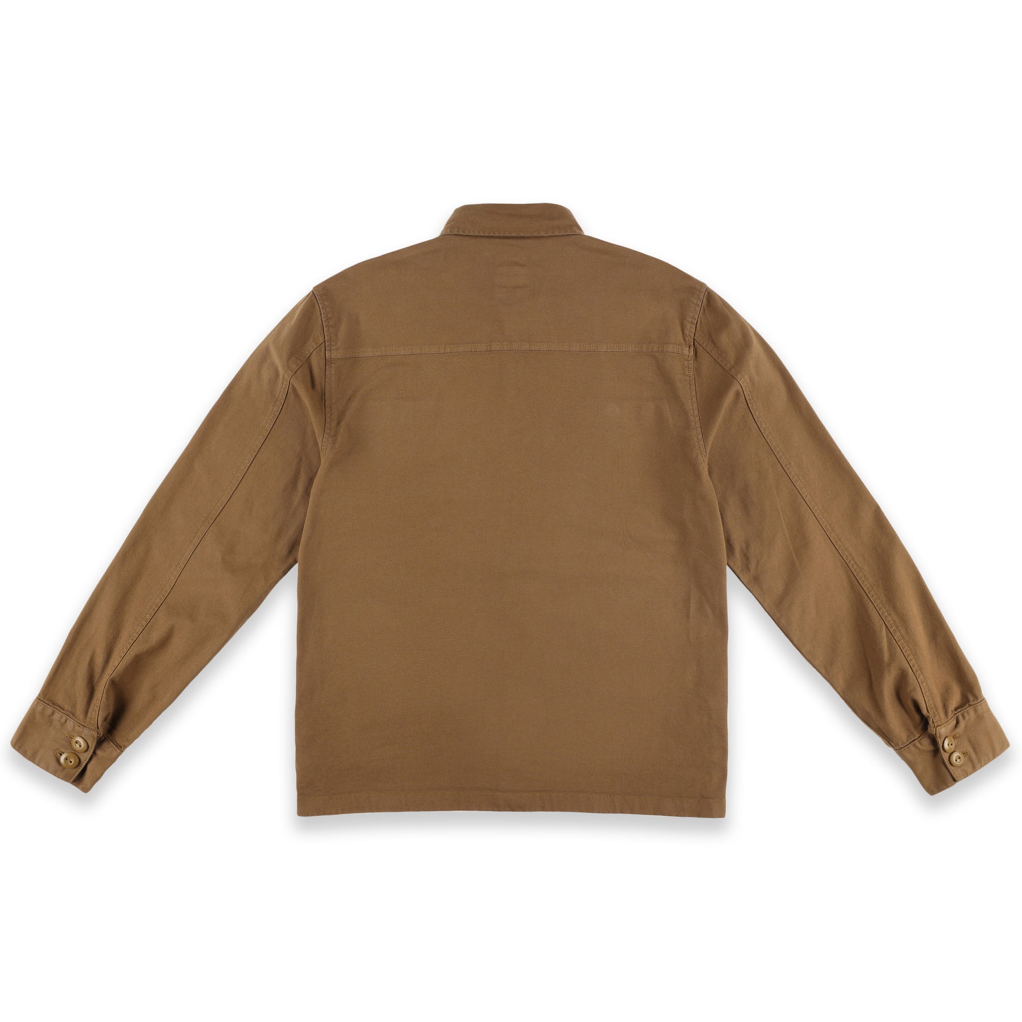 Rückseite der Topo Designs Herren Dirt Shirt Jacket 100% Bio-Baumwolle in "Dark Khaki".