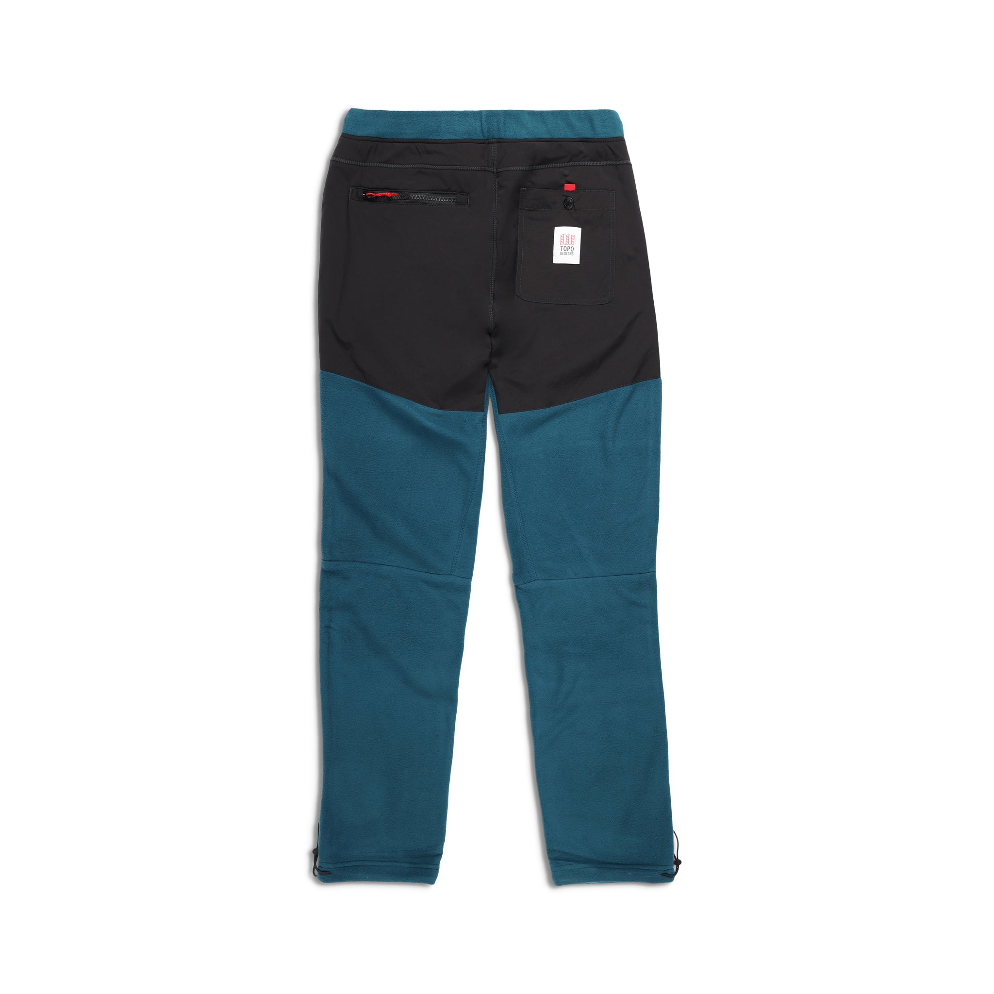 Rückseite der Topo Designs Herren Fleece Hose in "Pond Blue / Black" mit schwarzen Knie- und Rückenverstärkungen.