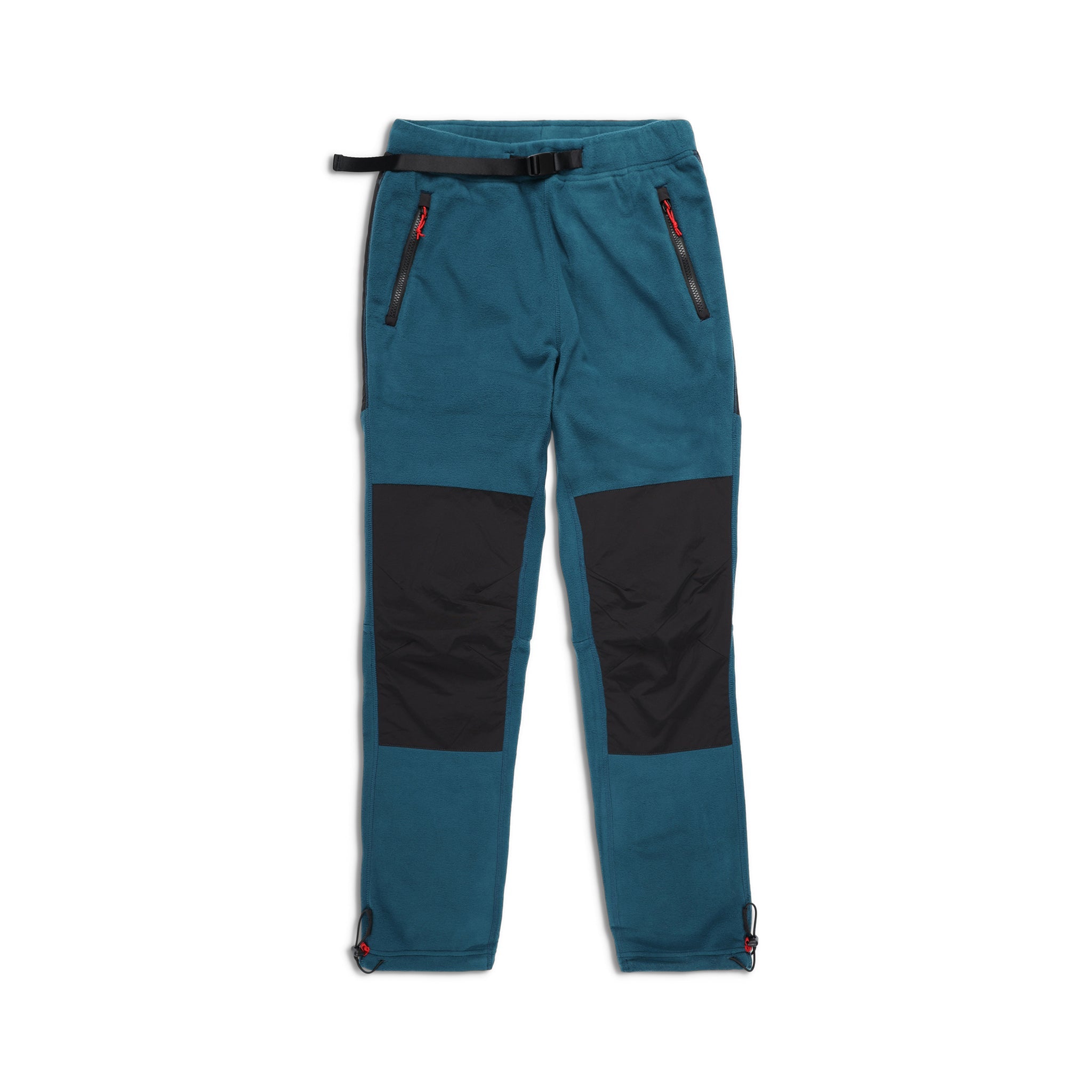 Topo Designs Herren Fleece Hose in "Pond Blue / Black" mit schwarzen Knie- und Rückenverstärkungen.