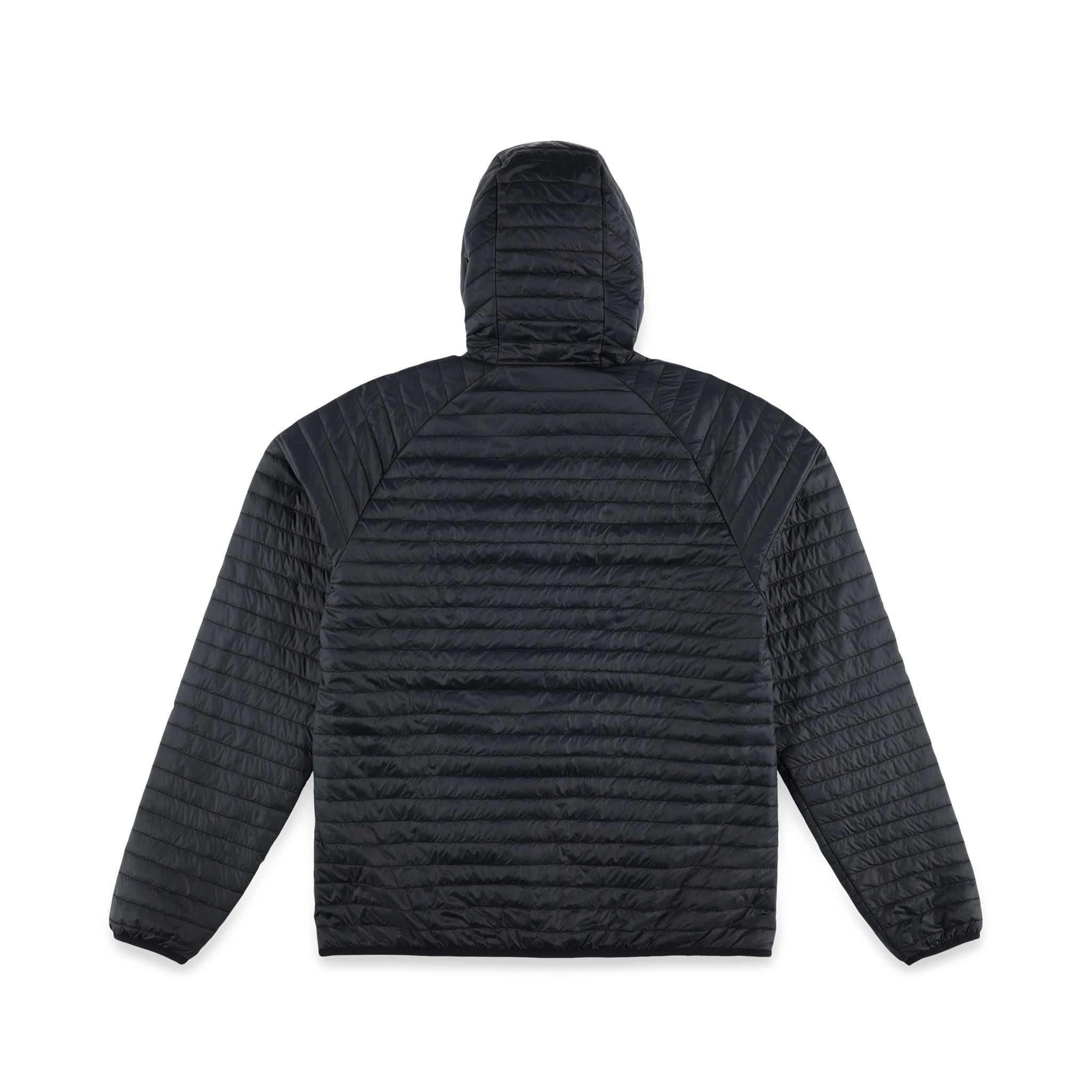 Rückseite der Topo Designs Herren Global Puffer packbare recycelte isolierte Hoodie Jacke in "schwarz"