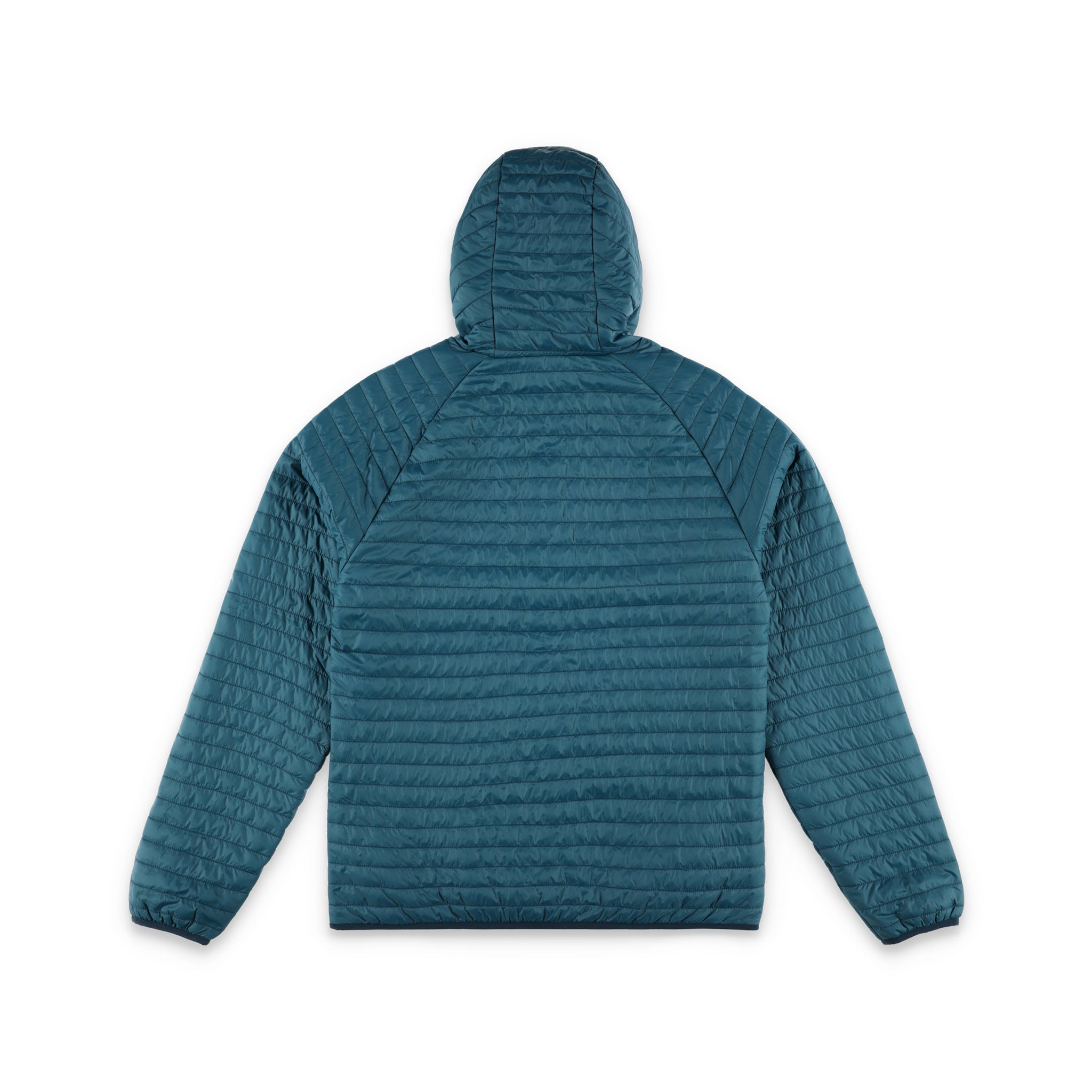 Rückseite der Topo Designs Herren Global Puffer packbare recycelte isolierte Hoodie Jacke in "pond blue"