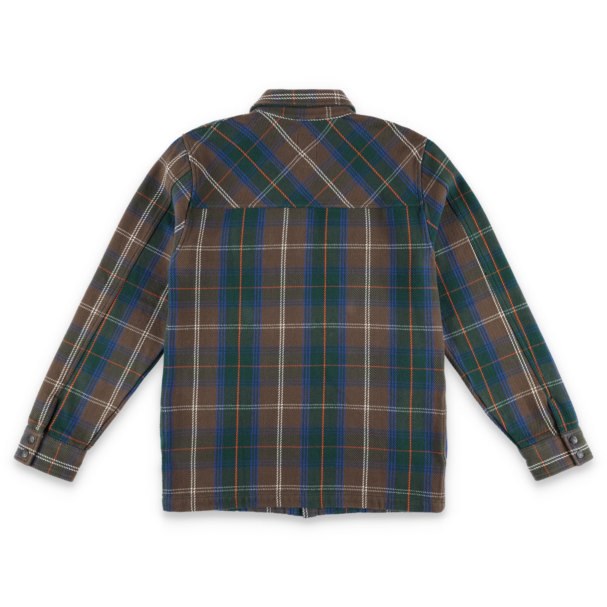 Rückseite der Topo Designs Herren Mountain Shirt Jacke in "Blue / Red Plaid"