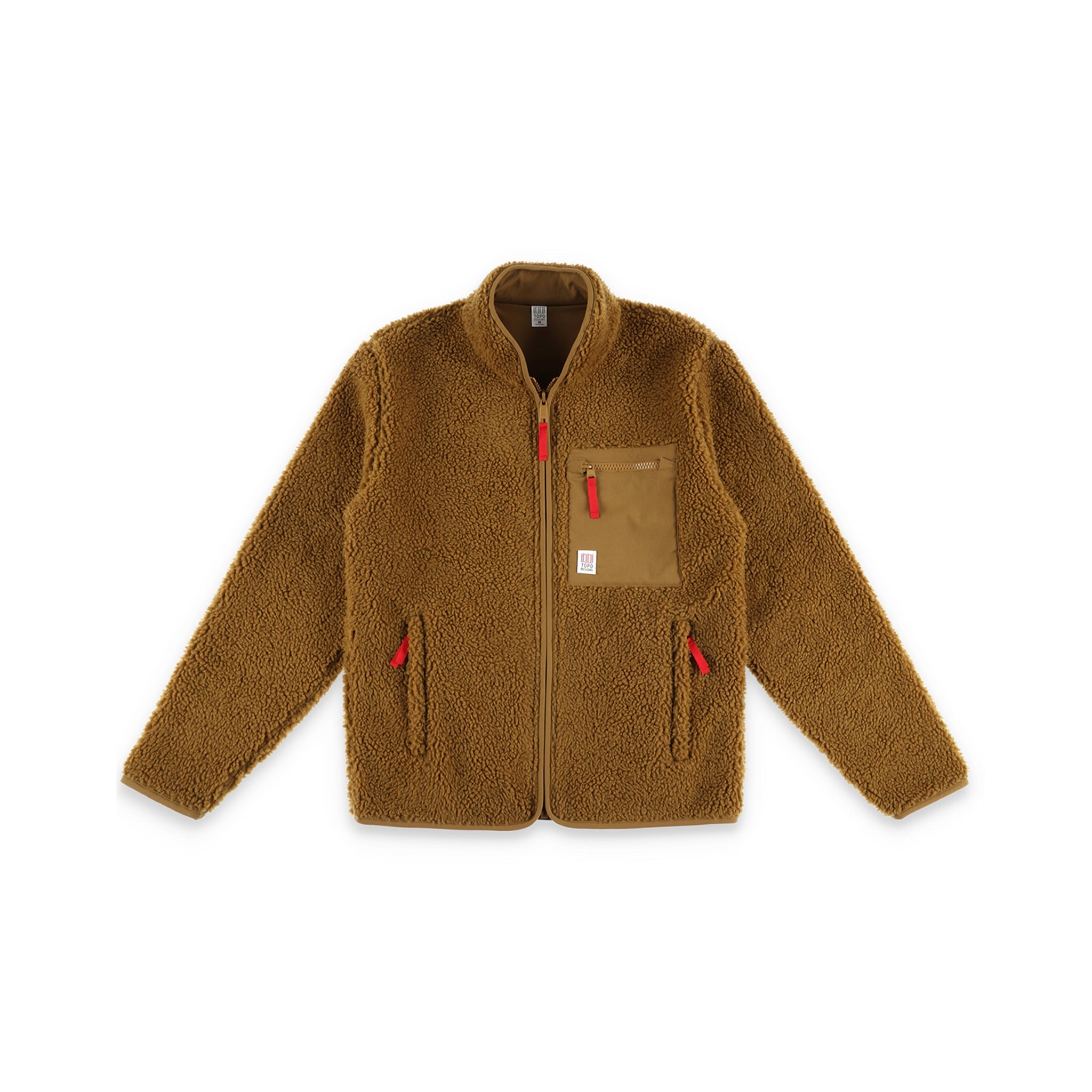 Topo Designs Herren Sherpa Jacke in "Dark Khaki" braun mit Sherpa Fleece Seite.