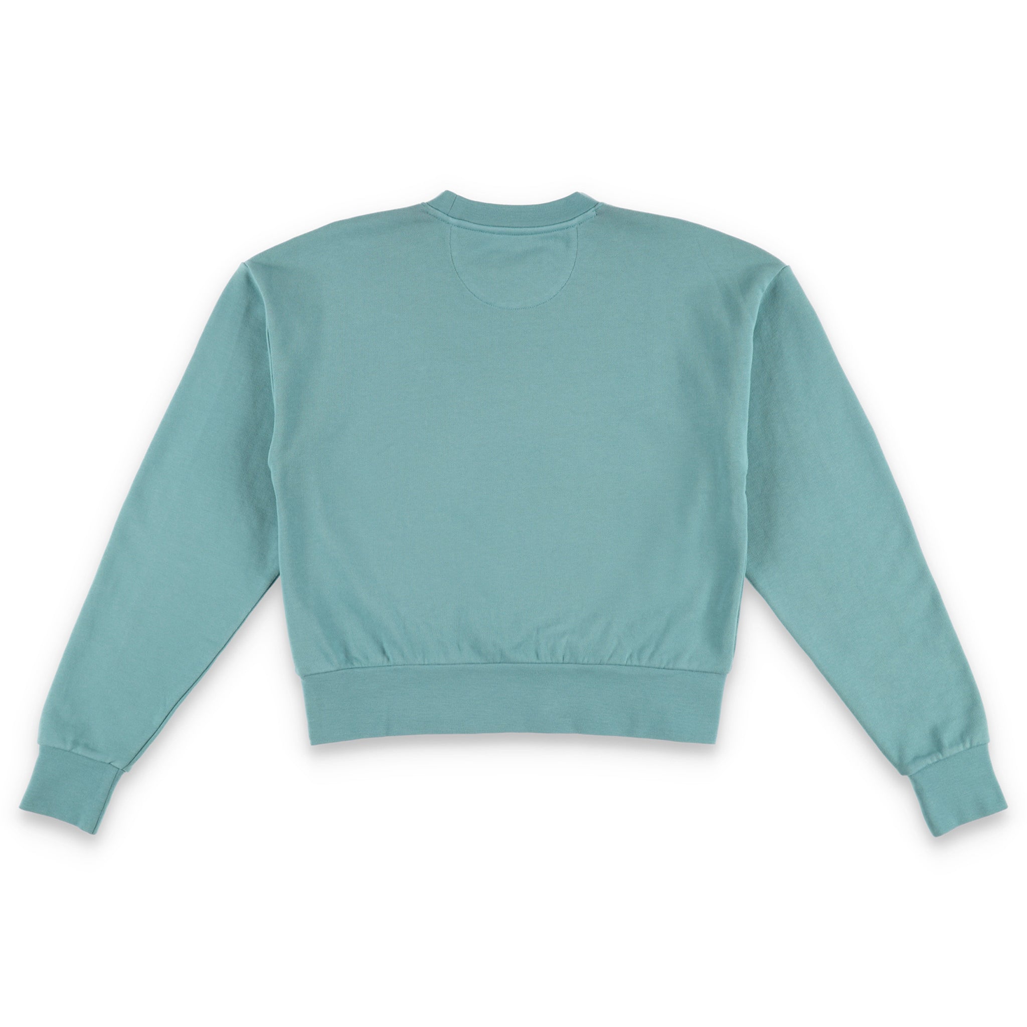 Rückseite des Topo Designs Damen Dirt Crew Sweatshirt aus 100% Bio-Baumwolle French Terry in "Salbei" blau grün.