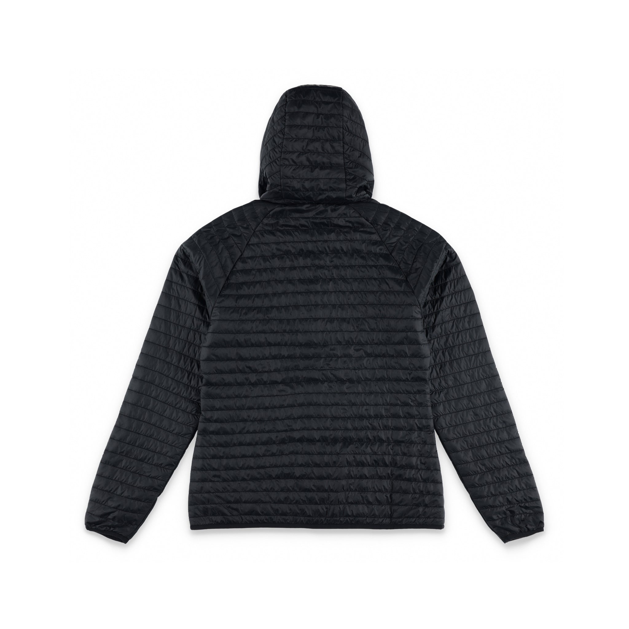 Rückseite der Topo Designs Damen Global Puffer recycelte isolierte packbare Hoodie Jacke in "schwarz"