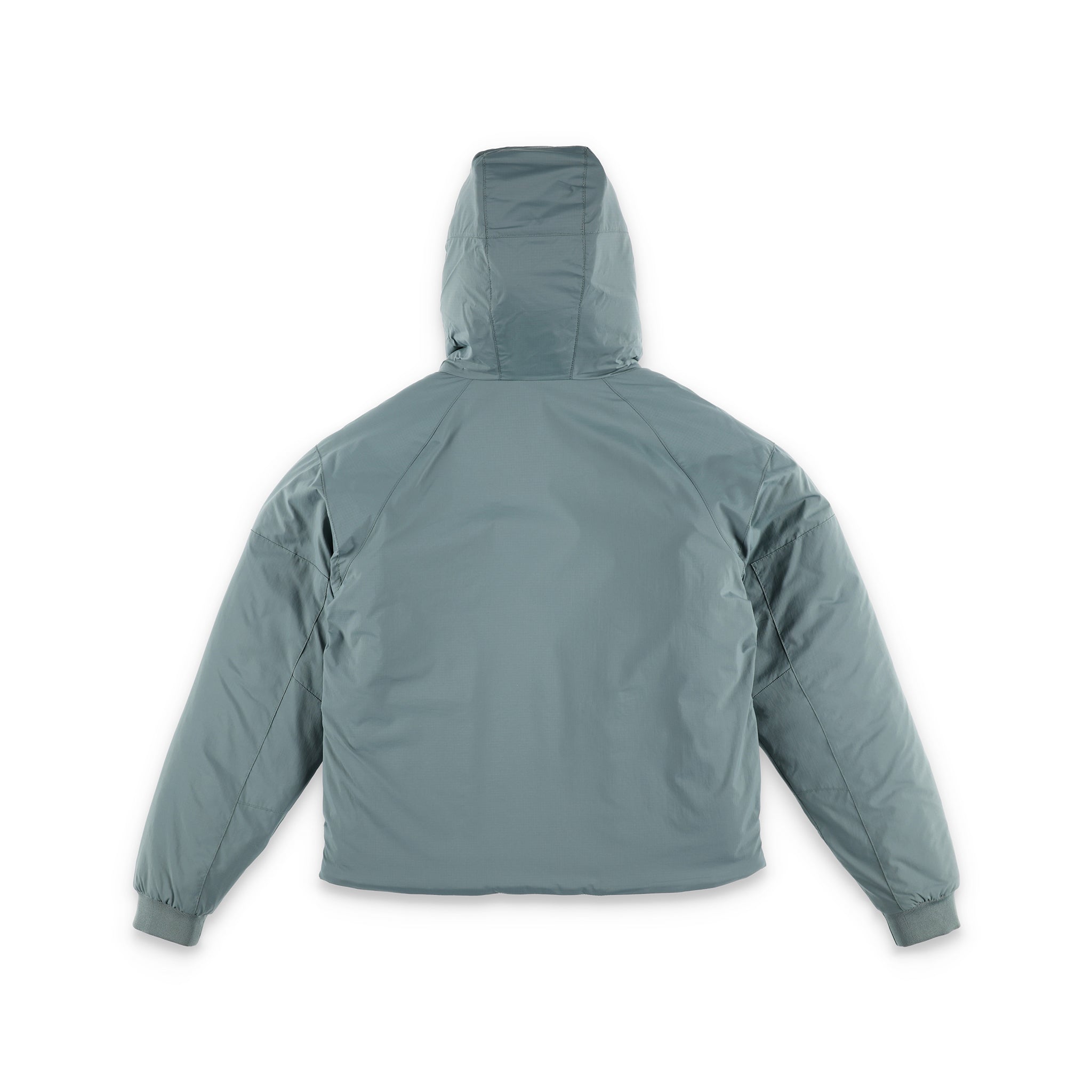 Rückseite der Topo Designs Damen Puffer Primaloft isolierte Hoodie Jacke in "slate" blau.