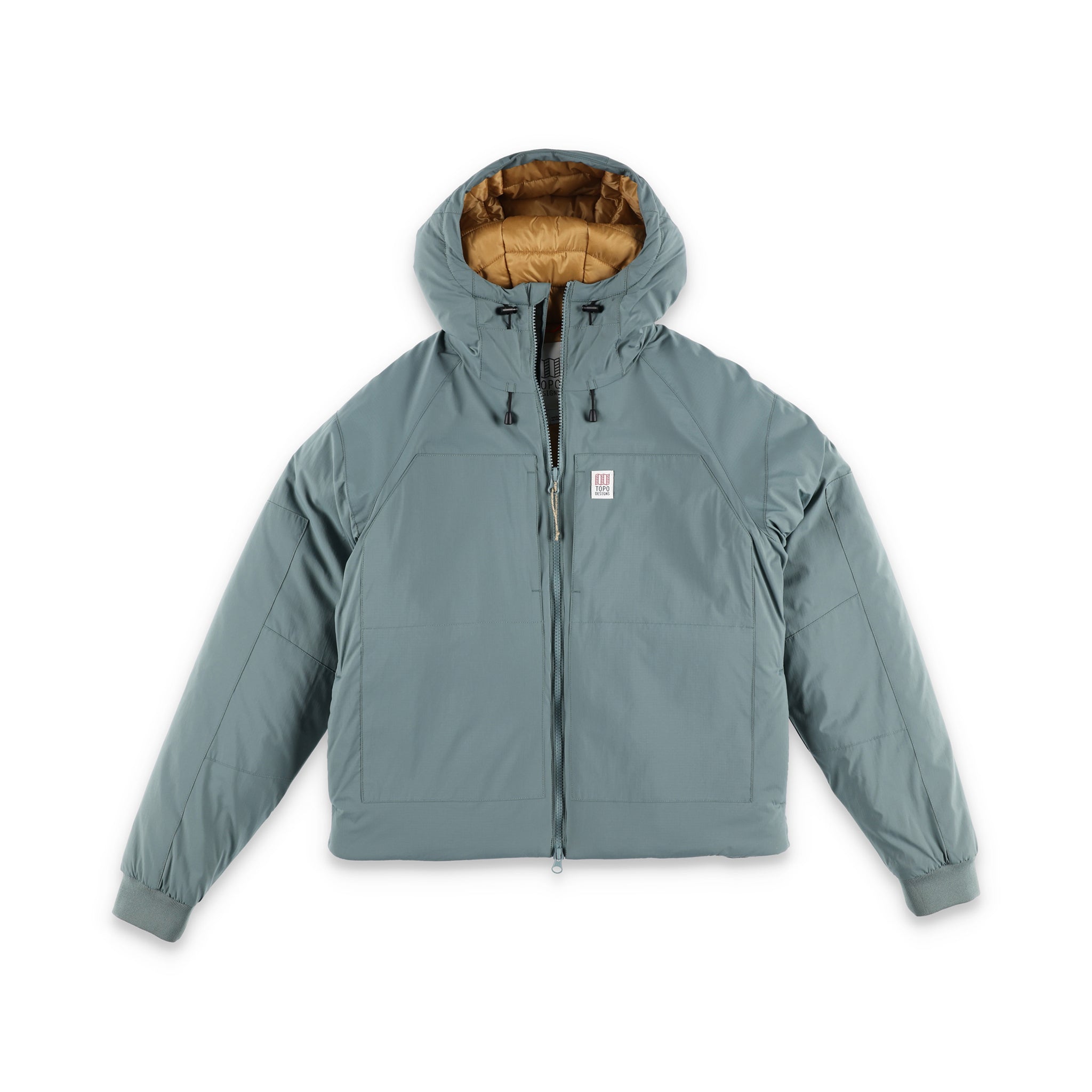 Topo Designs Damen Puffer Primaloft isolierte Kapuzenjacke in "slate" blau.