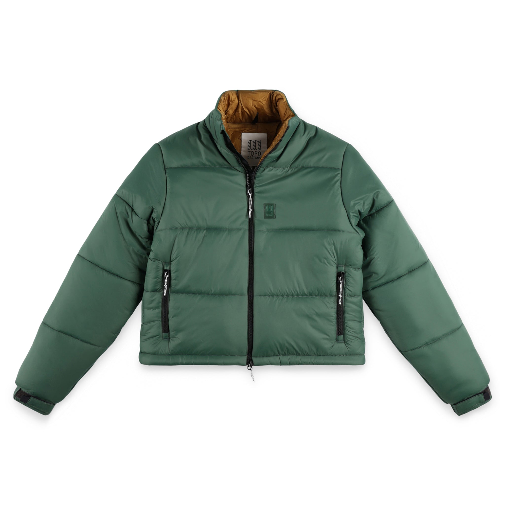 Topo Designs Damen Puffer recycelte isolierte Jacke in "Forest" grün.