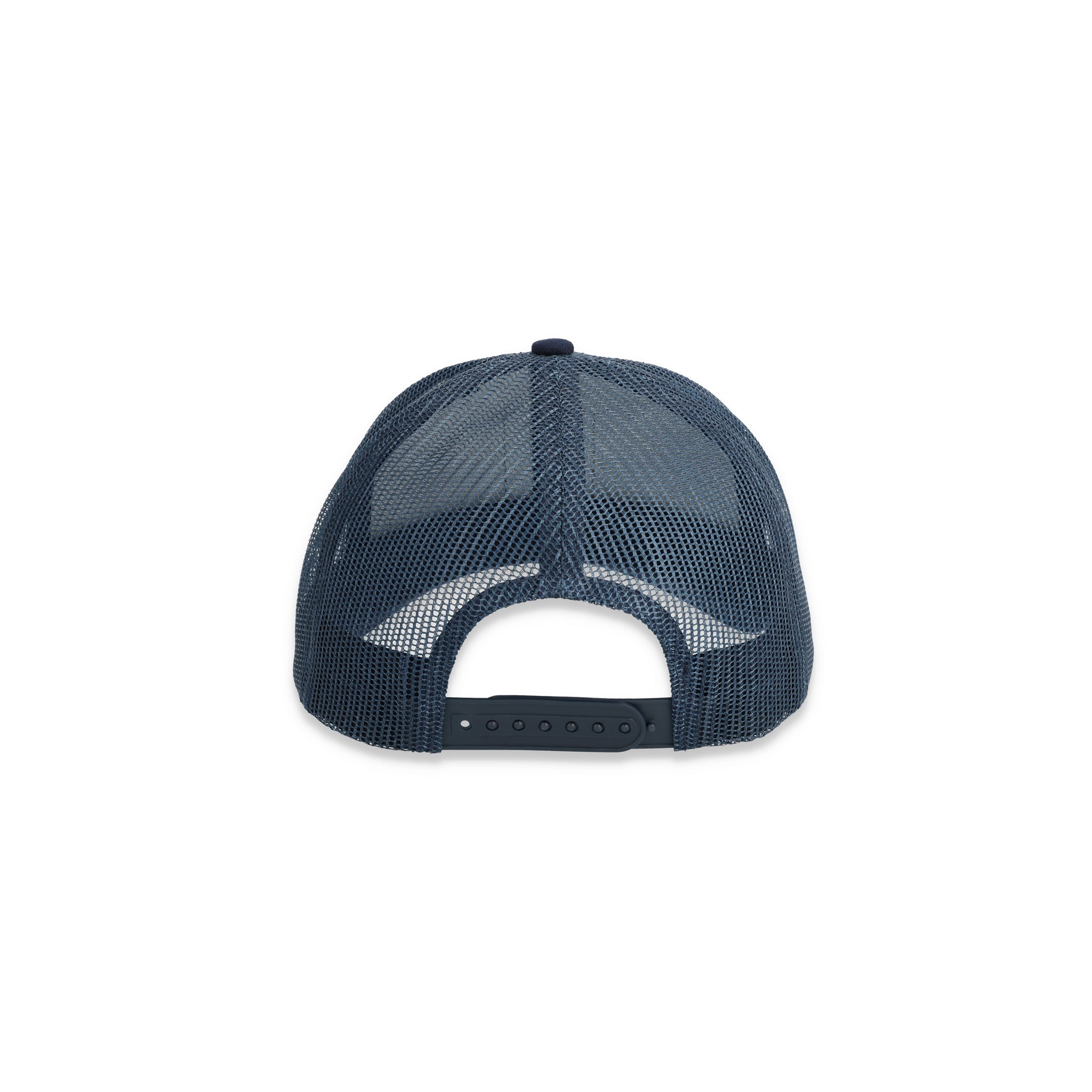 Snapback auf der Rückseite der Topo Designs Trucker Hat mit Mesh-Rücken und Original-Logo-Patch in "Navy" blau.