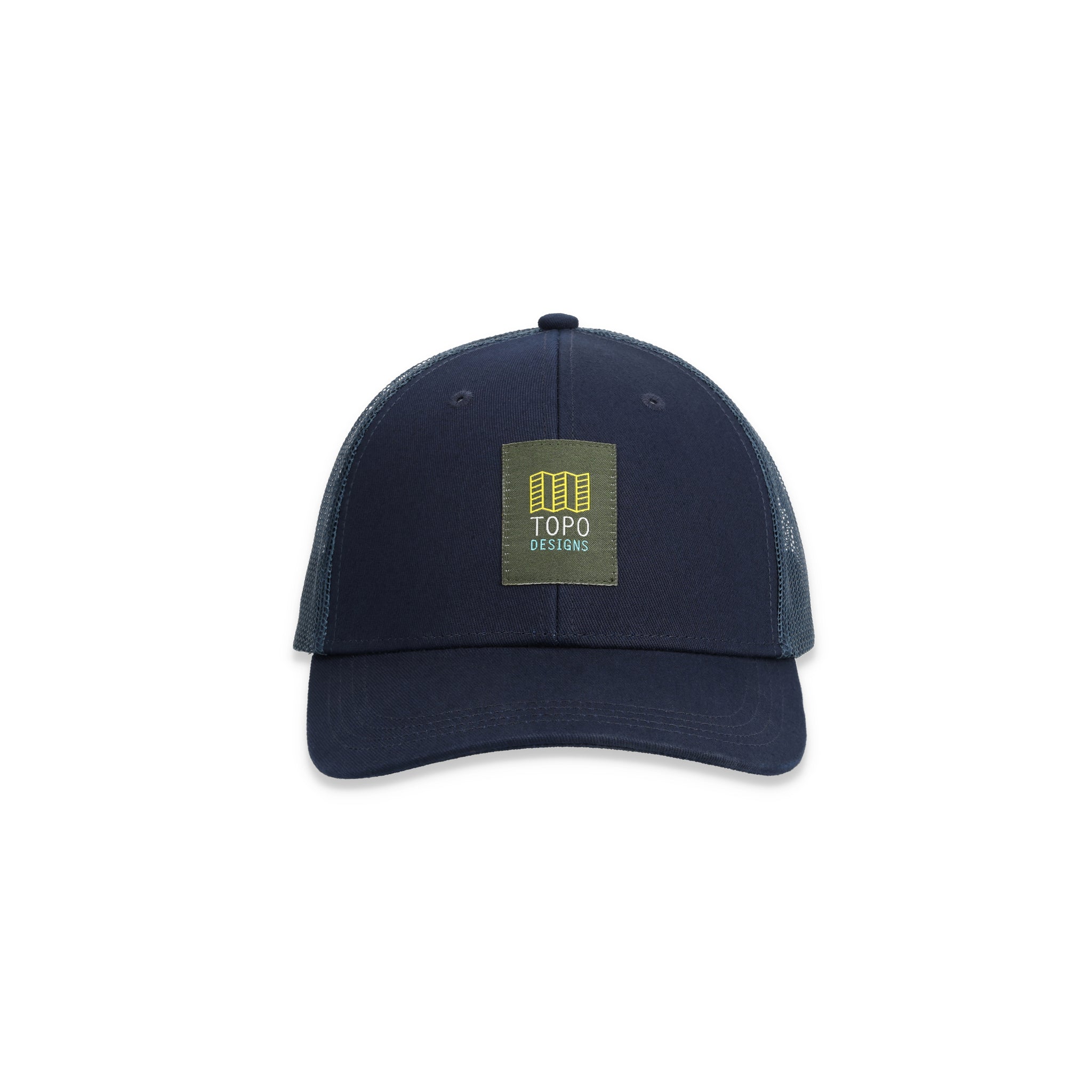 Topo Designs Trucker Hat mit Netzrücken und Original-Logoaufnäher in "Navy" blau.