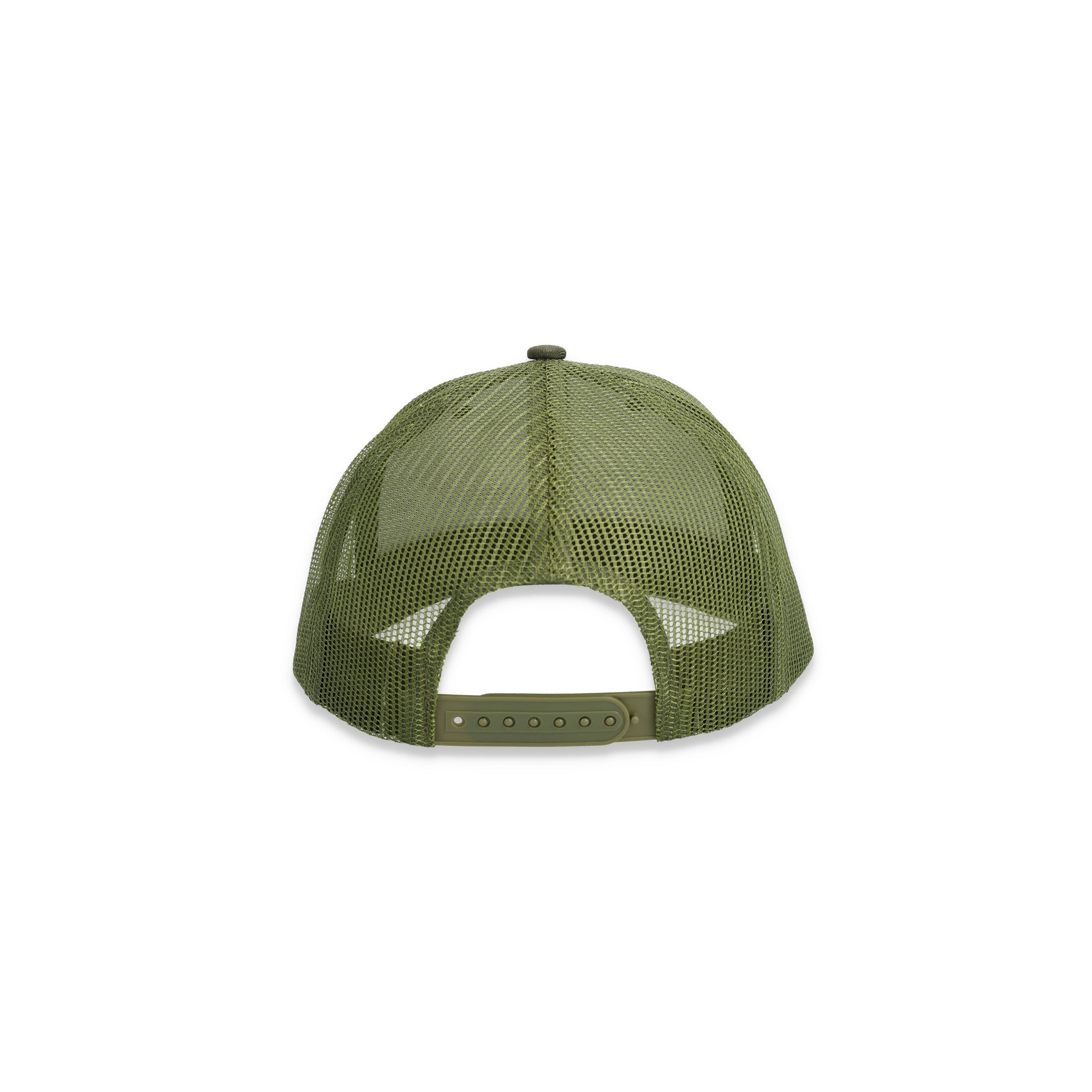 Snapback auf der Rückseite der Topo Designs Trucker Hat mit Mesh-Rücken und Original-Logo-Patch in "Olive" grün.