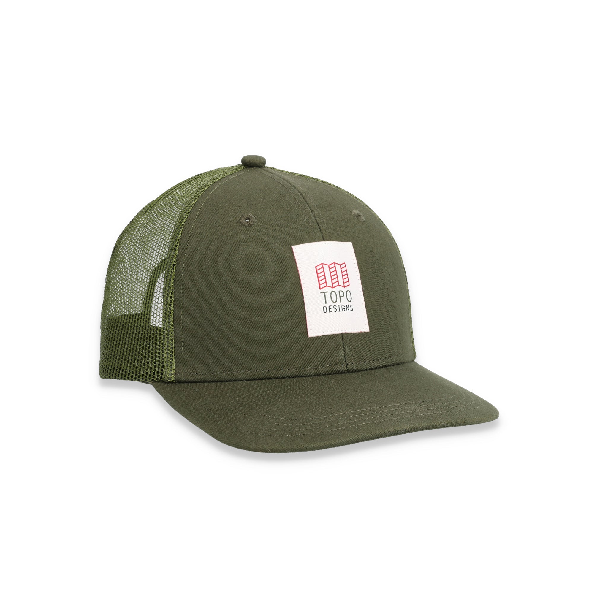 Topo Designs Trucker Hat mit Netzrücken und Original-Logoaufnäher in "Olive" grün.