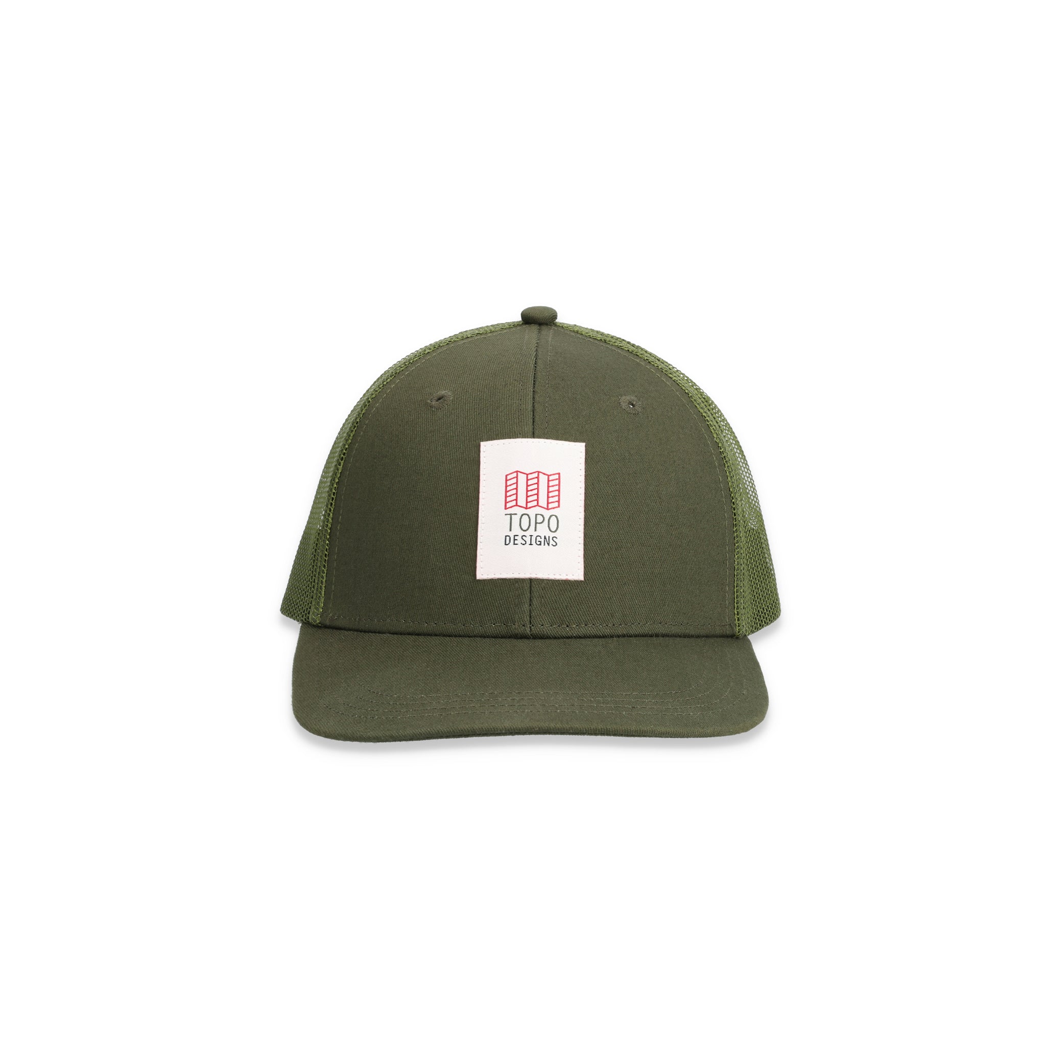 Topo Designs Trucker Hat mit Netzrücken und Original-Logoaufnäher in "Olive" grün.