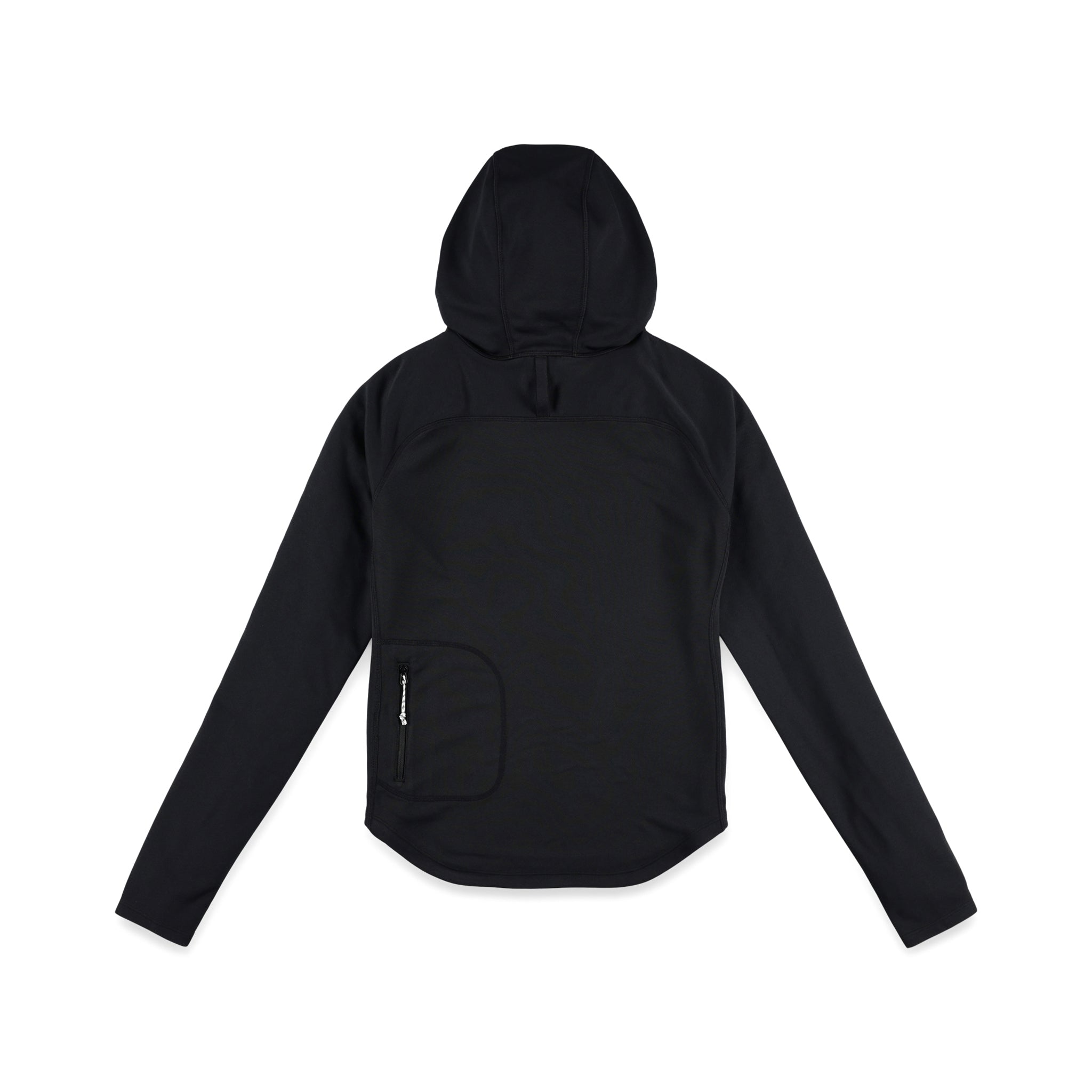 Rückseite des Topo Designs Damen River Hoodie 30+ UPF rated moisture wicking water shirt in "Black".