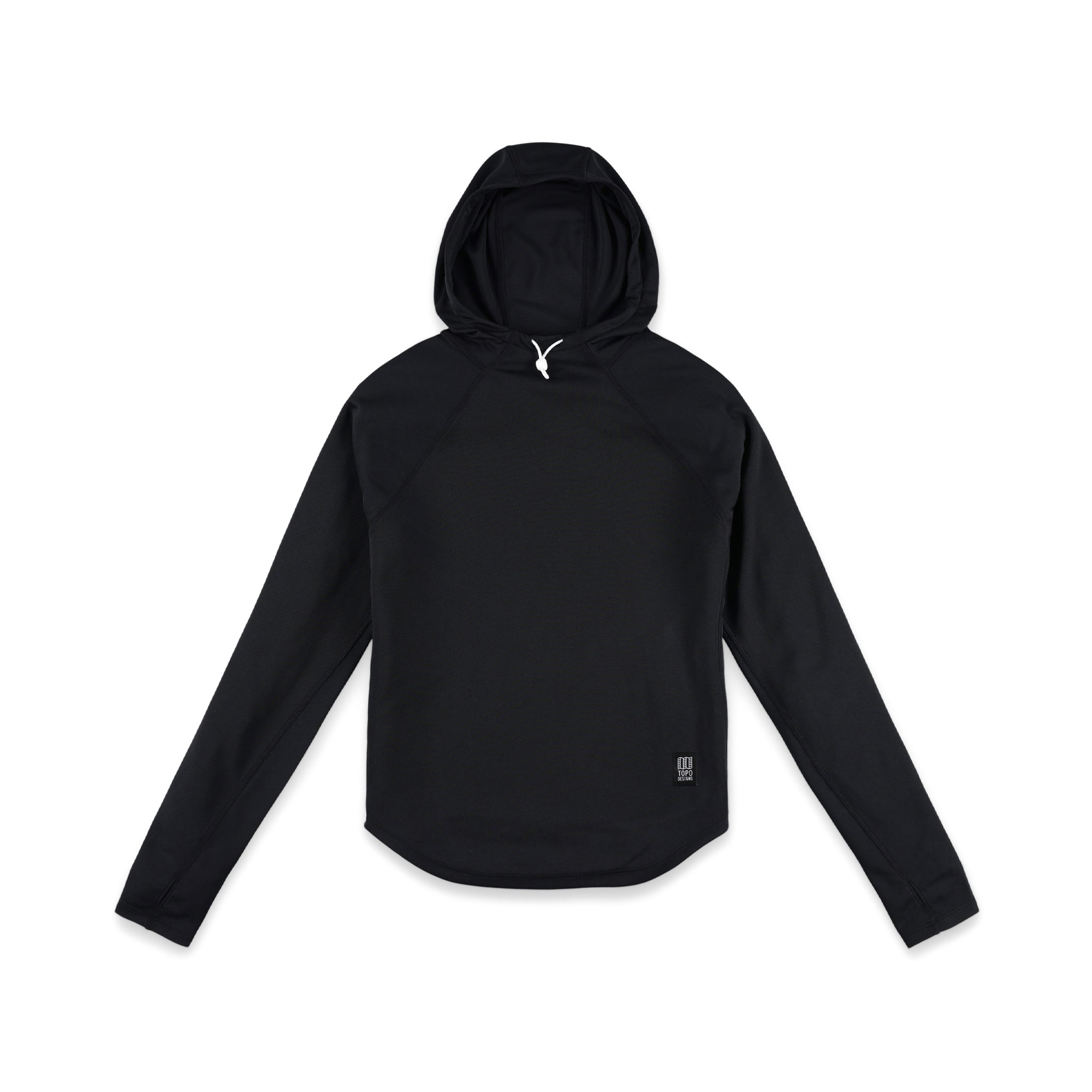 Topo Designs Damen River Hoodie 30+ UPF klassifiziertes feuchtigkeitsableitendes Wassershirt in "Black".