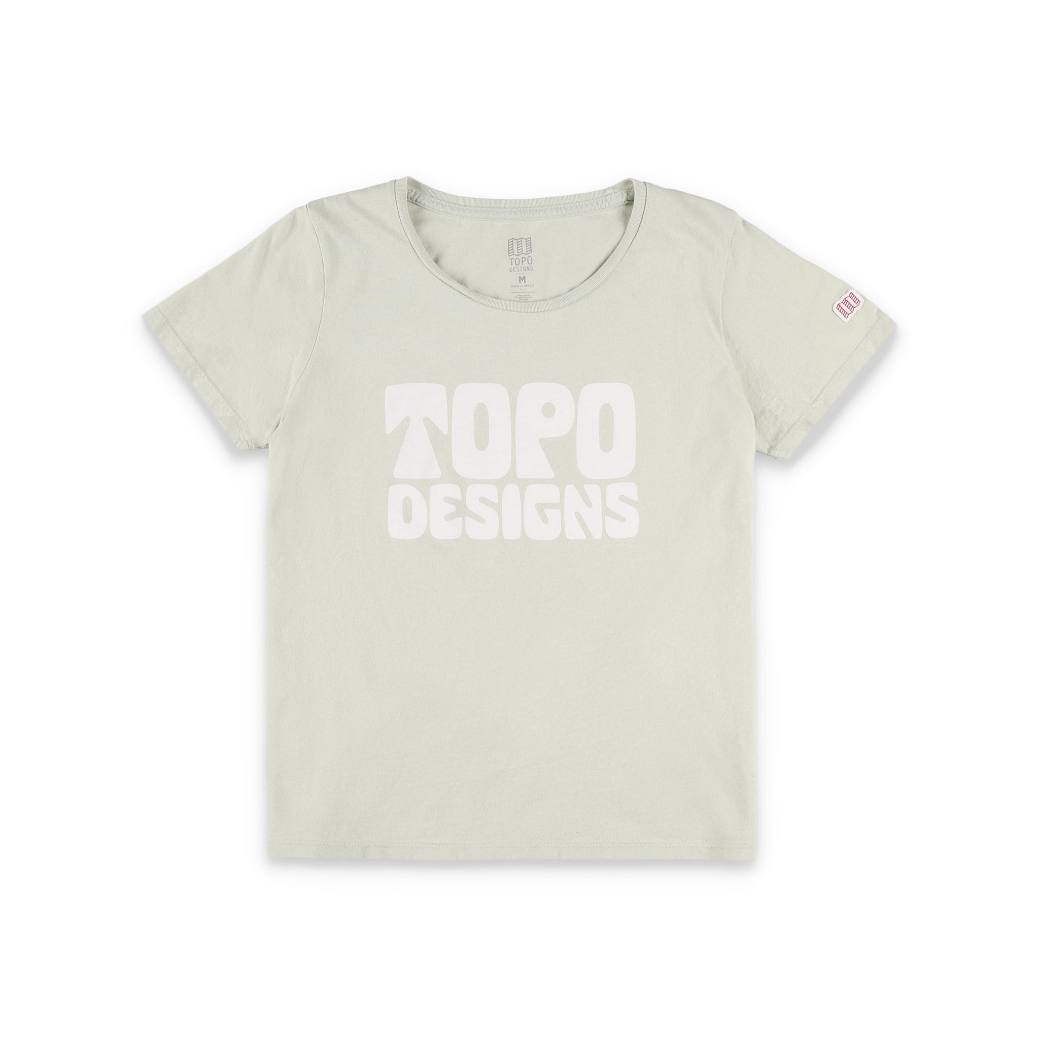 Topo Designs Damen Rock Around Tee Kurzarm-T-Shirt aus 100% Bio-Baumwolle mit Logo in hellem Mintgrün.