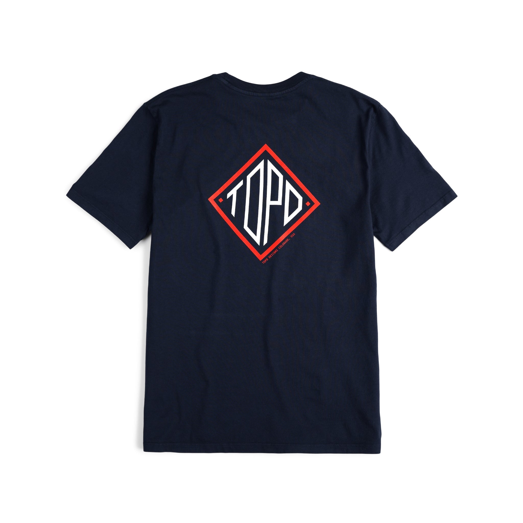 Rückansicht des Topo Designs Herren Small Diamond Tee 100% Bio-Baumwolle Kurzarm-Grafik-Logo-T-Shirt in "navy" blau.