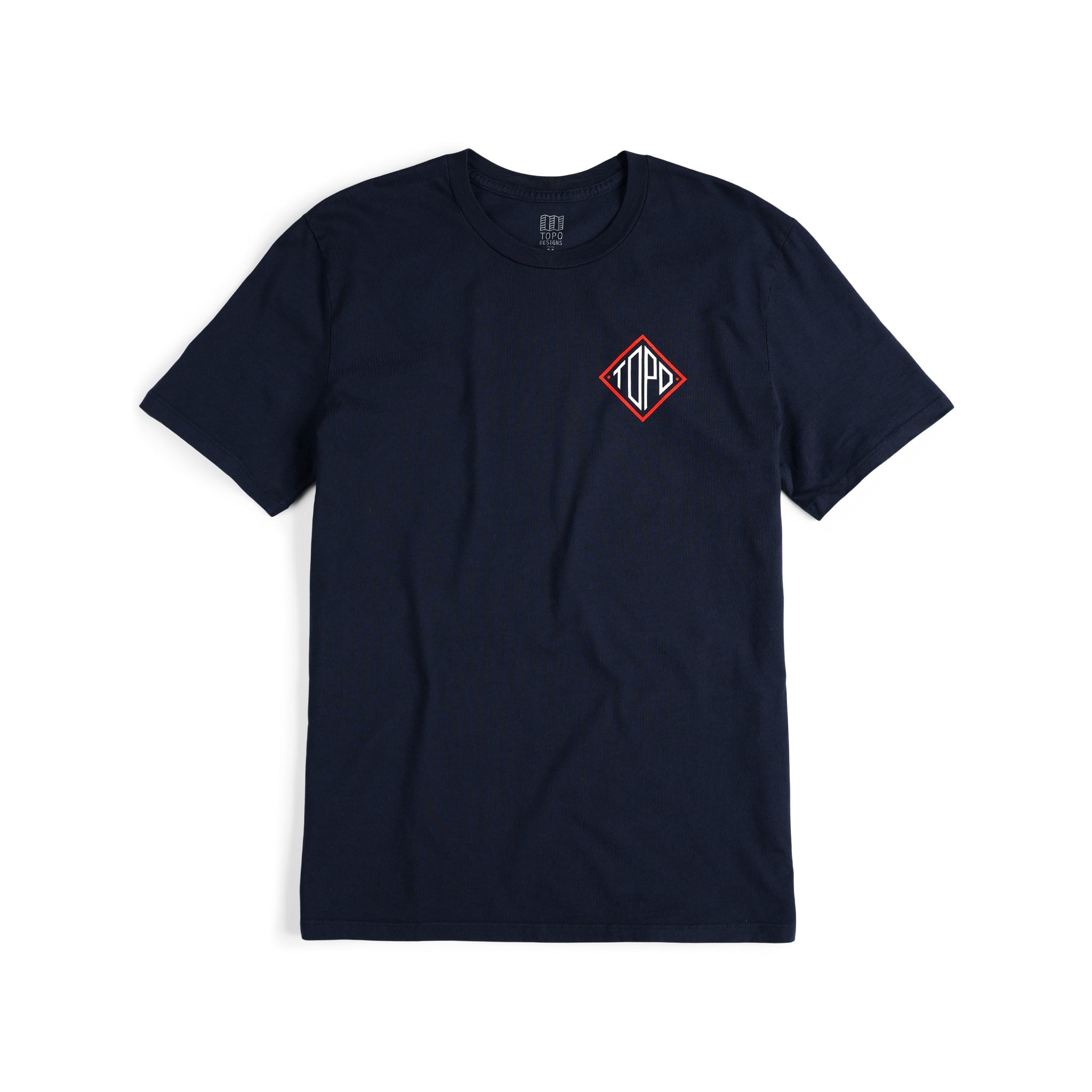 Vorderansicht des Topo Designs Herren Small Diamond Tee 100% Bio-Baumwolle Kurzarm-Grafik-Logo-T-Shirt in "navy" blau.