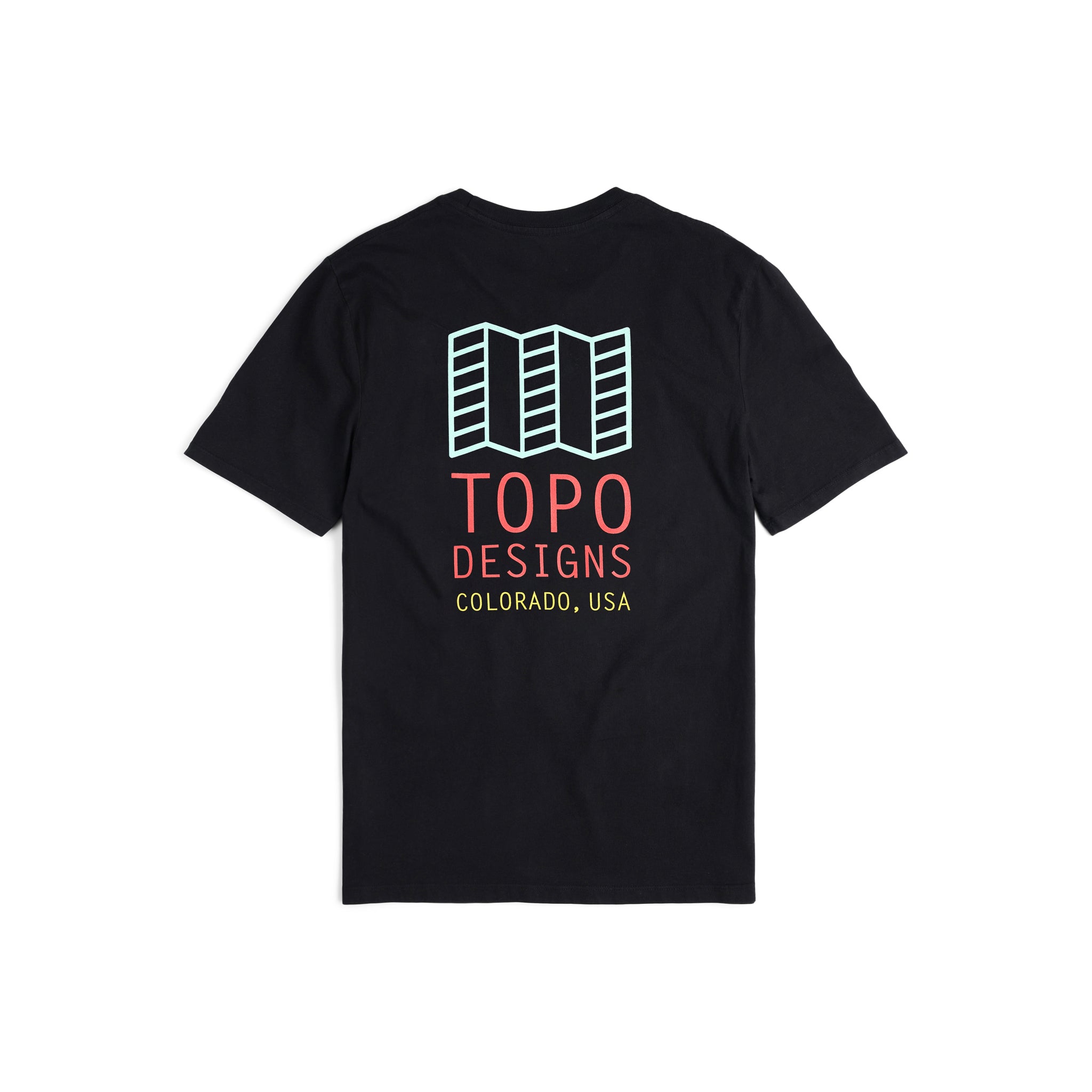 Rückenansicht von Topo Designs Herren Small Original Logo Tee 100% Bio-Baumwolle Kurzarm-Grafik-Logo-T-Shirt in "schwarz".