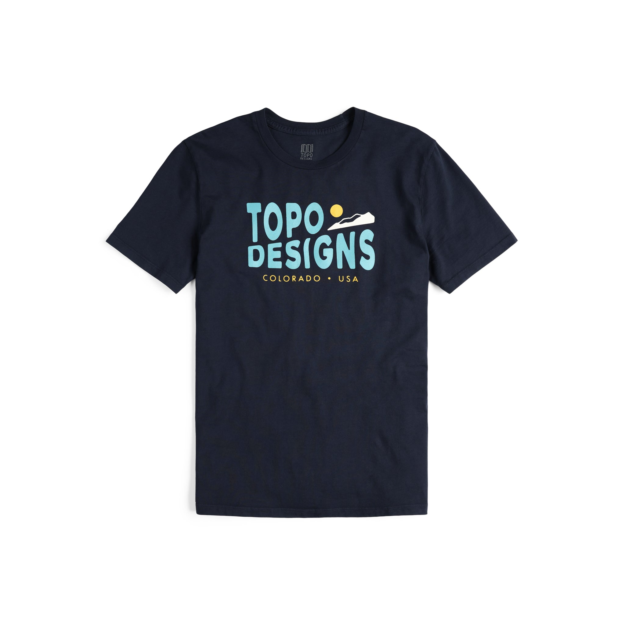 Vorderansicht des Topo Designs Herren Small Diamond Tee 100% Bio-Baumwolle Kurzarm-Grafik-Logo-T-Shirt in "navy" blau.