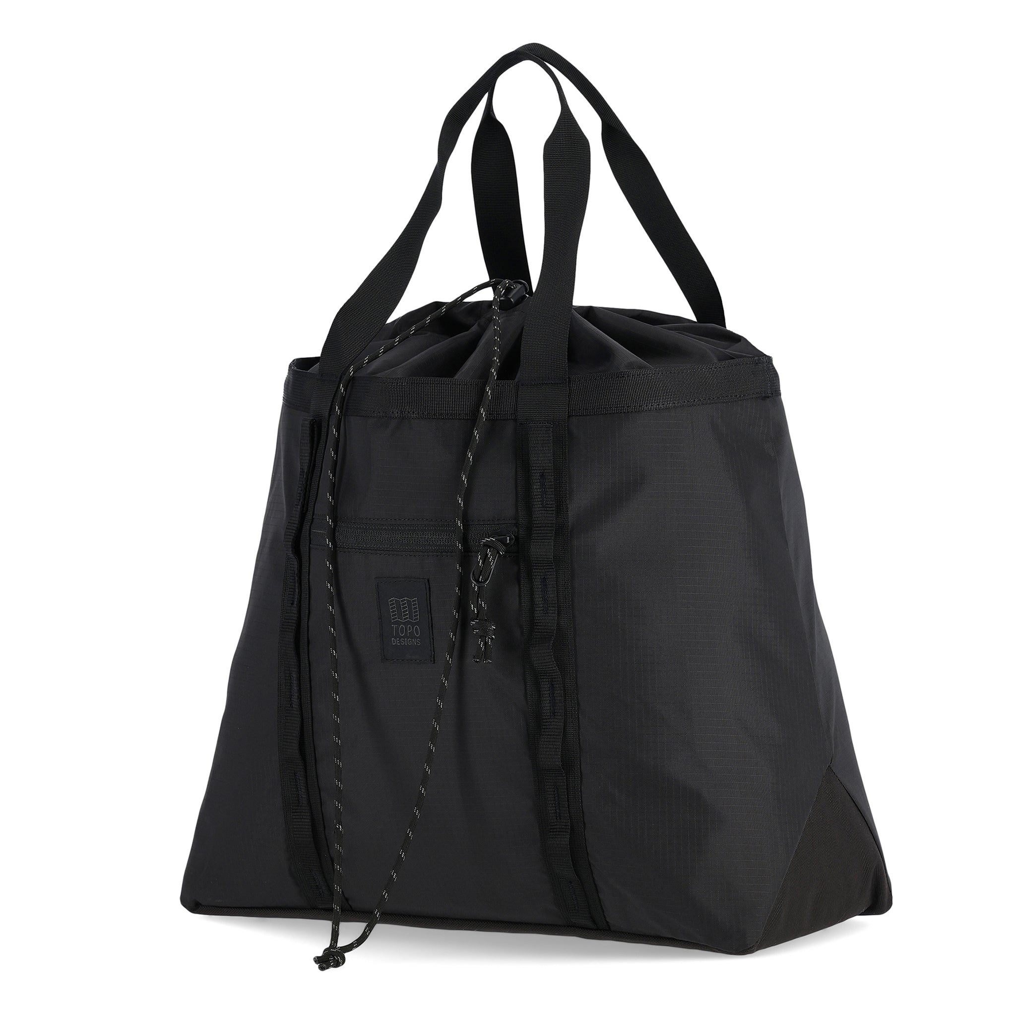 Seitenansicht der Topo Designs Mountain Utility Tote Bag aus leichtem, recyceltem "Black"-Nylon.