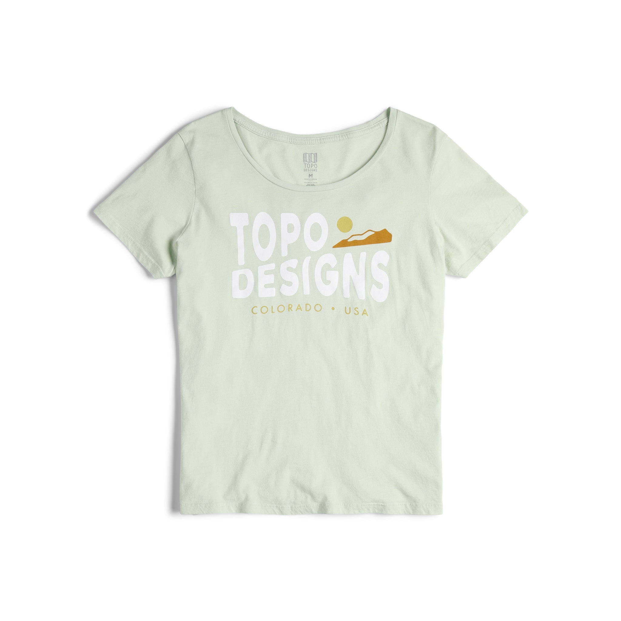 Vorderansicht des Topo Designs Damen Sunrise Tee 100% Bio-Baumwolle Kurzarm-Grafik-Logo-T-Shirt in Light Mint" grün...